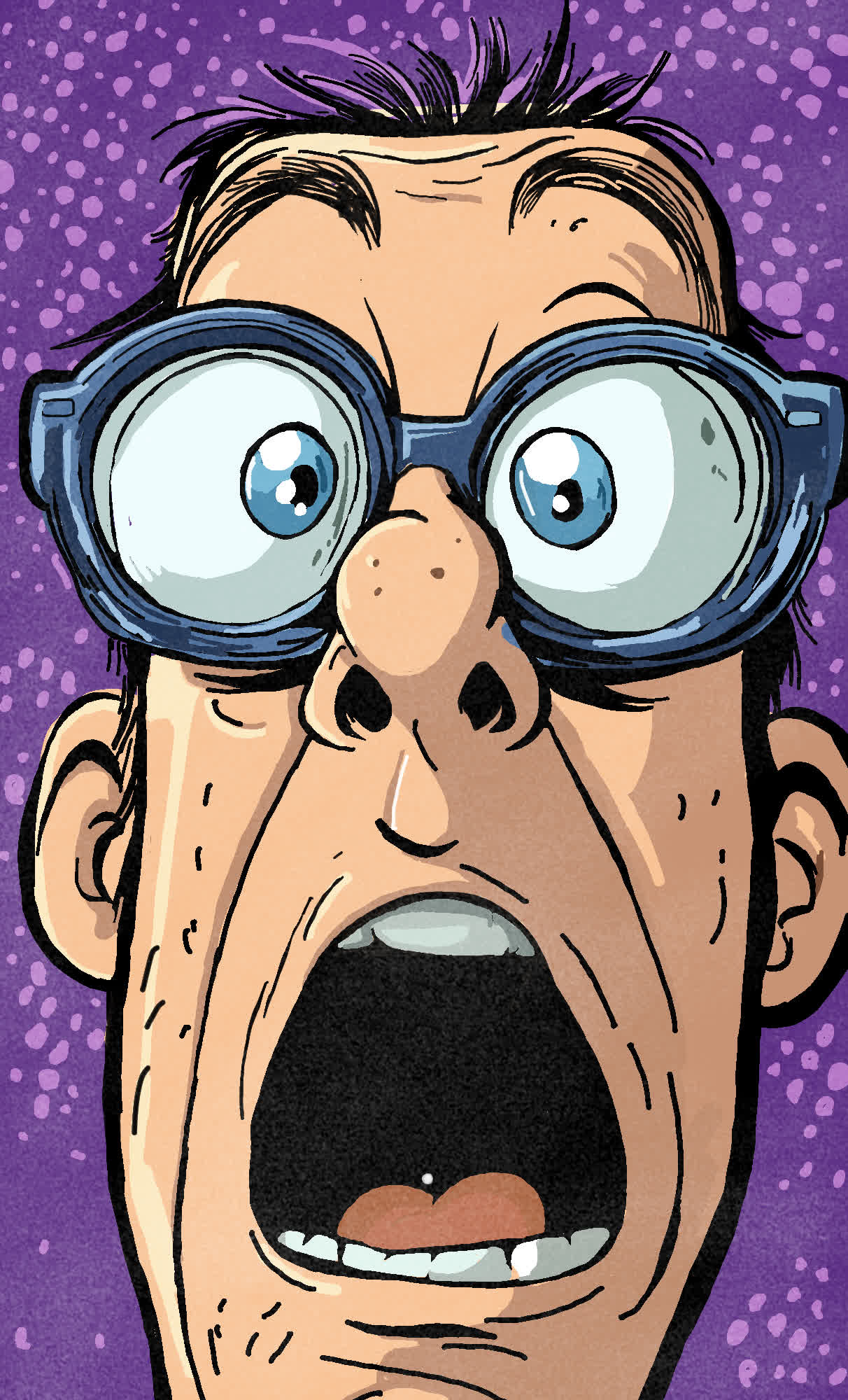 Close-up of a man with wide eyes behind round blue glasses and an open mouth, looking shocked.