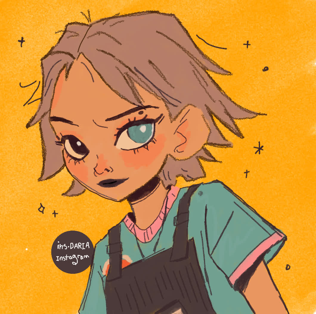 Girl with tousled brown hair and one teal eye, head tilted, smirking, wearing a teal shirt and dark overalls on orange.
