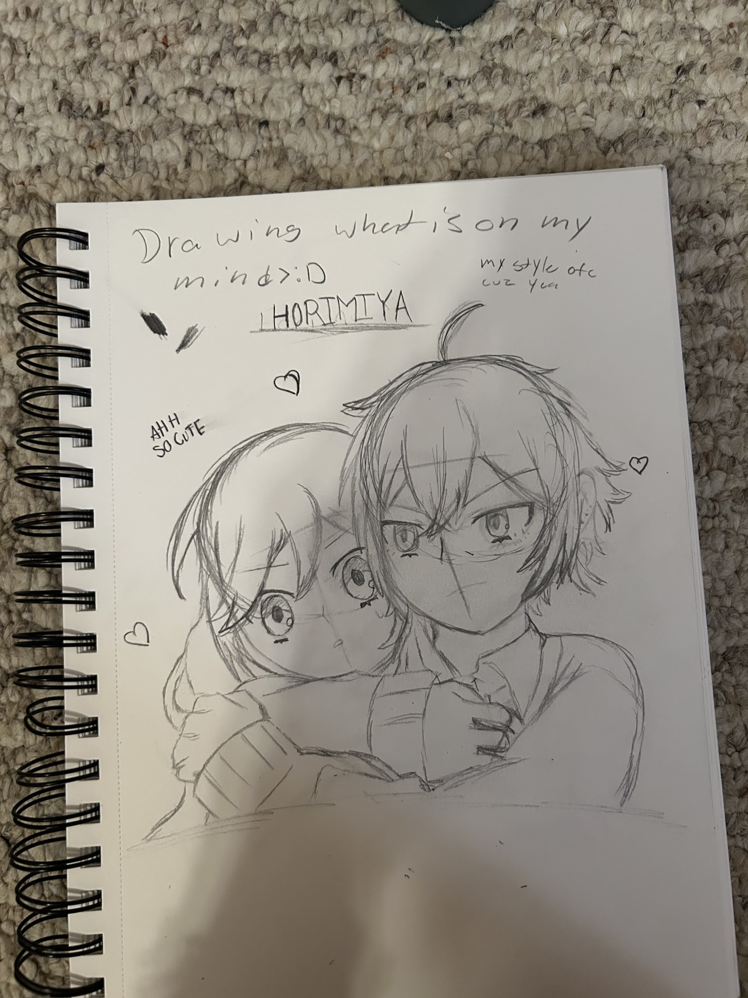 Pencil sketch of Hori and Miyamura from Horimiya hugging, one leaning her head against his shoulder.