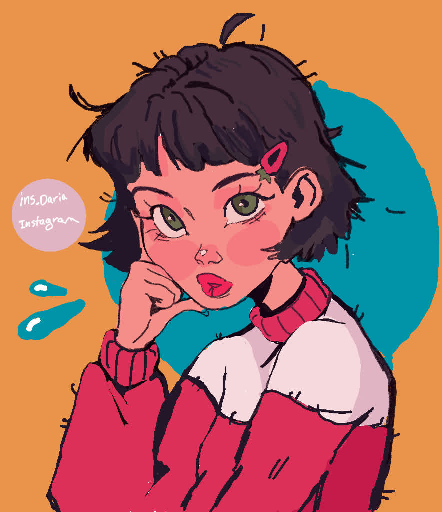 Girl with short dark hair and green eyes resting her chin on her hand, wearing a red sweater, against orange and teal.