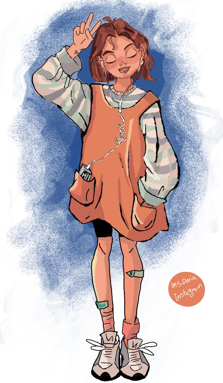 A smiling girl with closed eyes makes a peace sign beside her head, wearing an orange pinafore over a striped top.