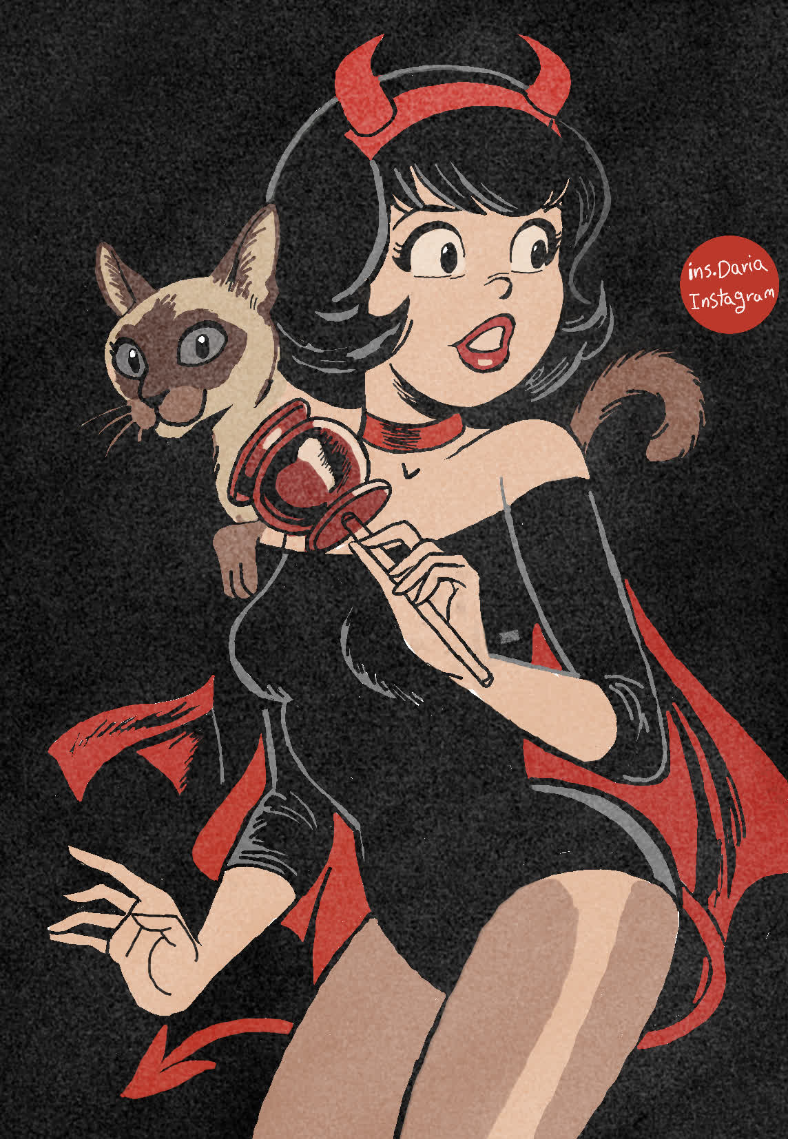 Woman with devil horns holding a red mirror, a Siamese cat behind her shoulder, on a dark background.