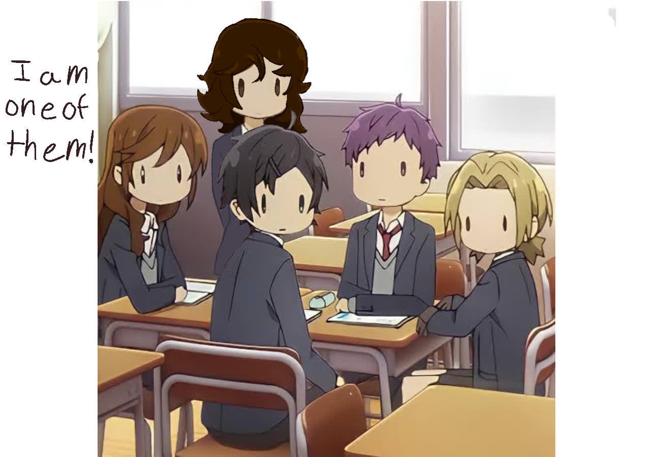 Blazer ceketli beş chibi anime öğrenci sıralarda oturuyor, arkalarında elle çizilmiş kahverengi saçlı bir kız duruyor.