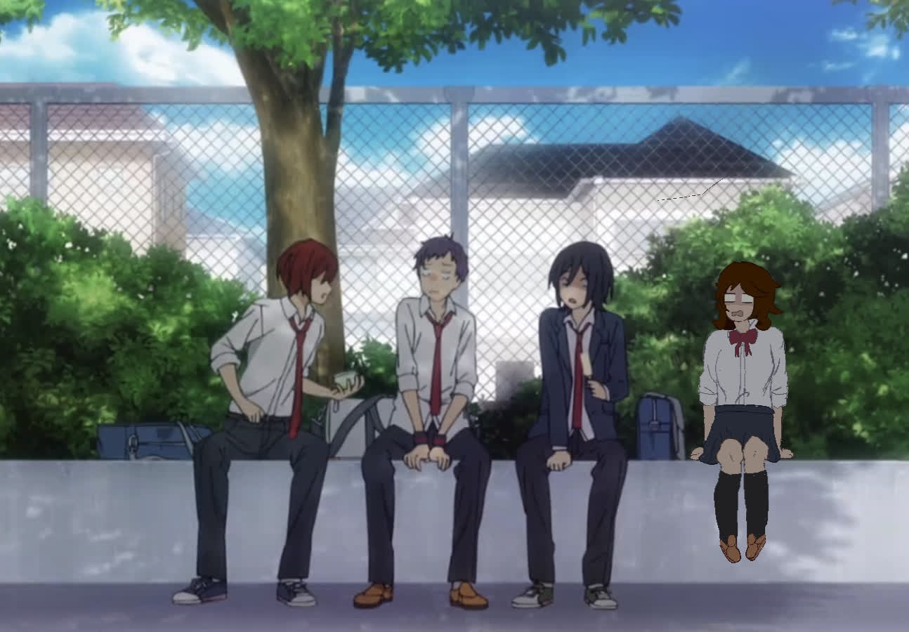 Three anime schoolboys sit on a low wall while a hand-drawn girl in a red bow joins them.