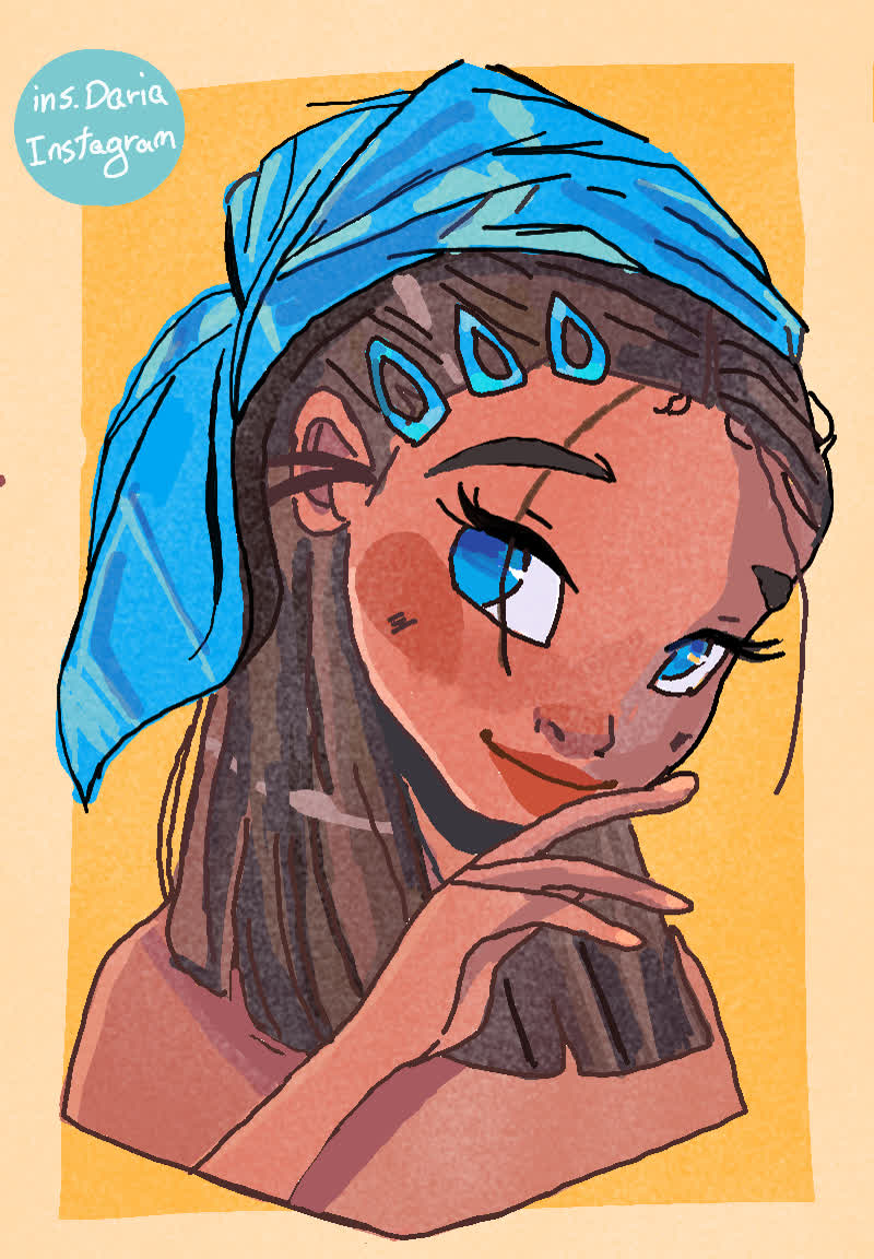 Young woman with a turquoise head wrap and teardrop hair clips, resting her hand under her chin and glancing sideways.