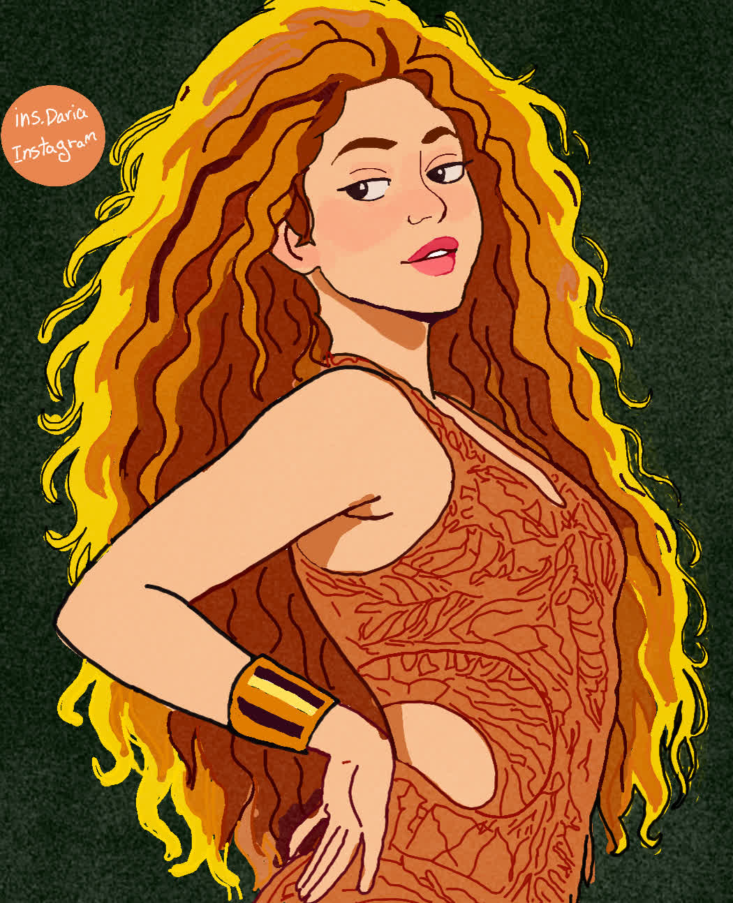 A woman with curly golden hair looks over her shoulder, wearing an orange patterned dress and a striped gold bracelet.
