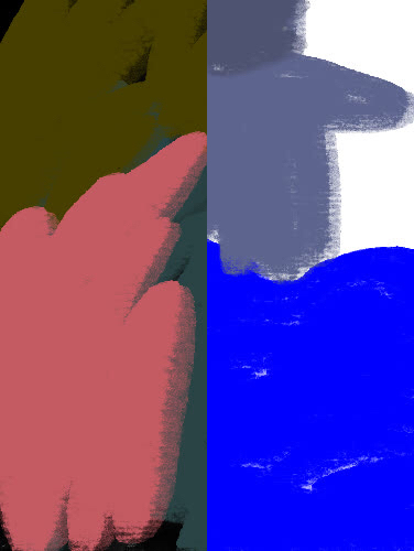 Abstract painting of olive, pink, slate blue and bright blue color blocks with white streaks.