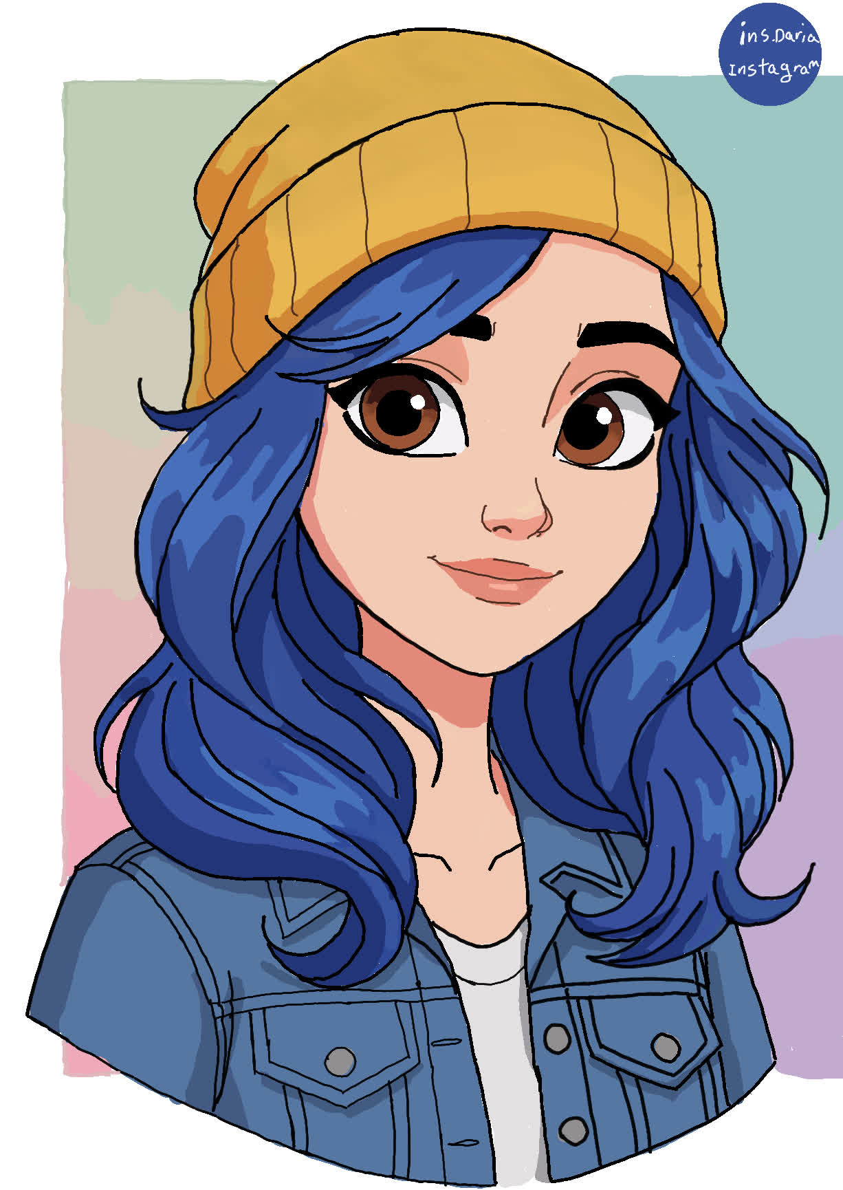 Smiling girl with wavy blue hair, yellow knit beanie and denim jacket over white shirt