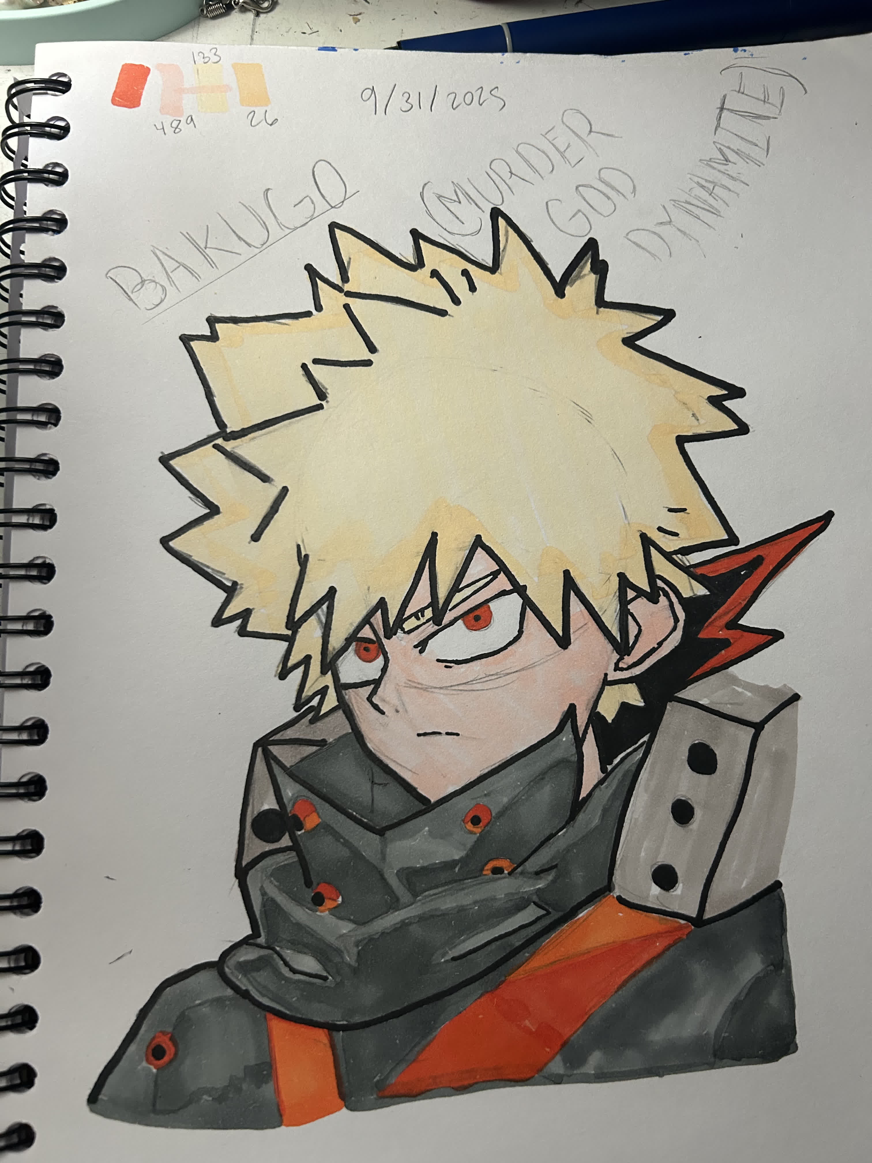 Katsuki Bakugo with spiky blond hair and red eyes, glaring sideways in a gray high-collared costume with orange trim.