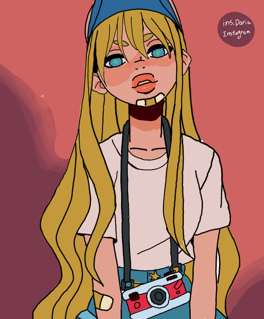 Girl with long wavy blonde hair, blue beanie and orange lips, wearing a white t-shirt with a red camera on a strap.