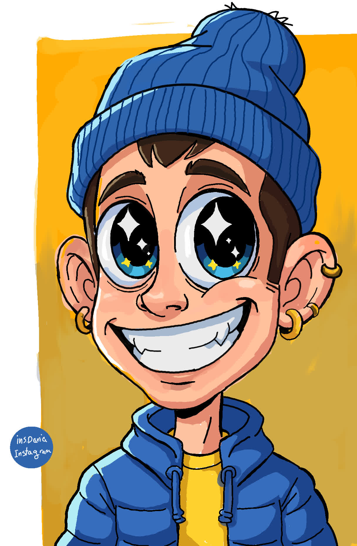 Cartoon boy with a blue knit beanie, big sparkly eyes and a wide grin, wearing a blue puffer jacket against a yellow background.