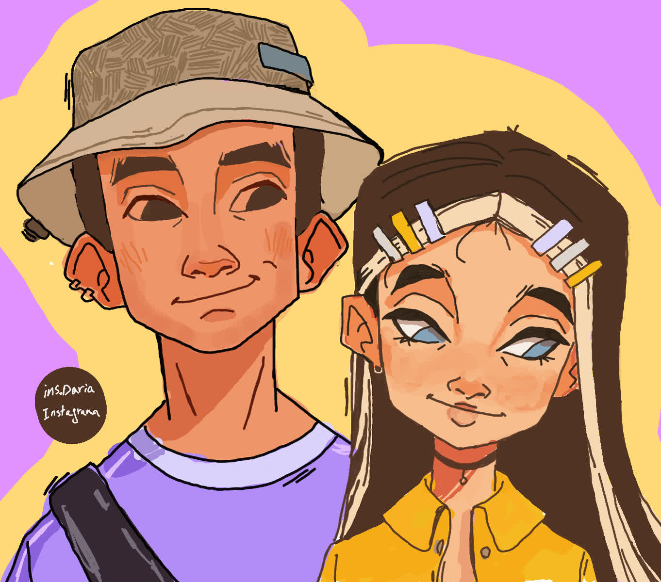 A boy in a bucket hat and a girl with long hair and hair clips, both smiling slyly, against a yellow and purple background.