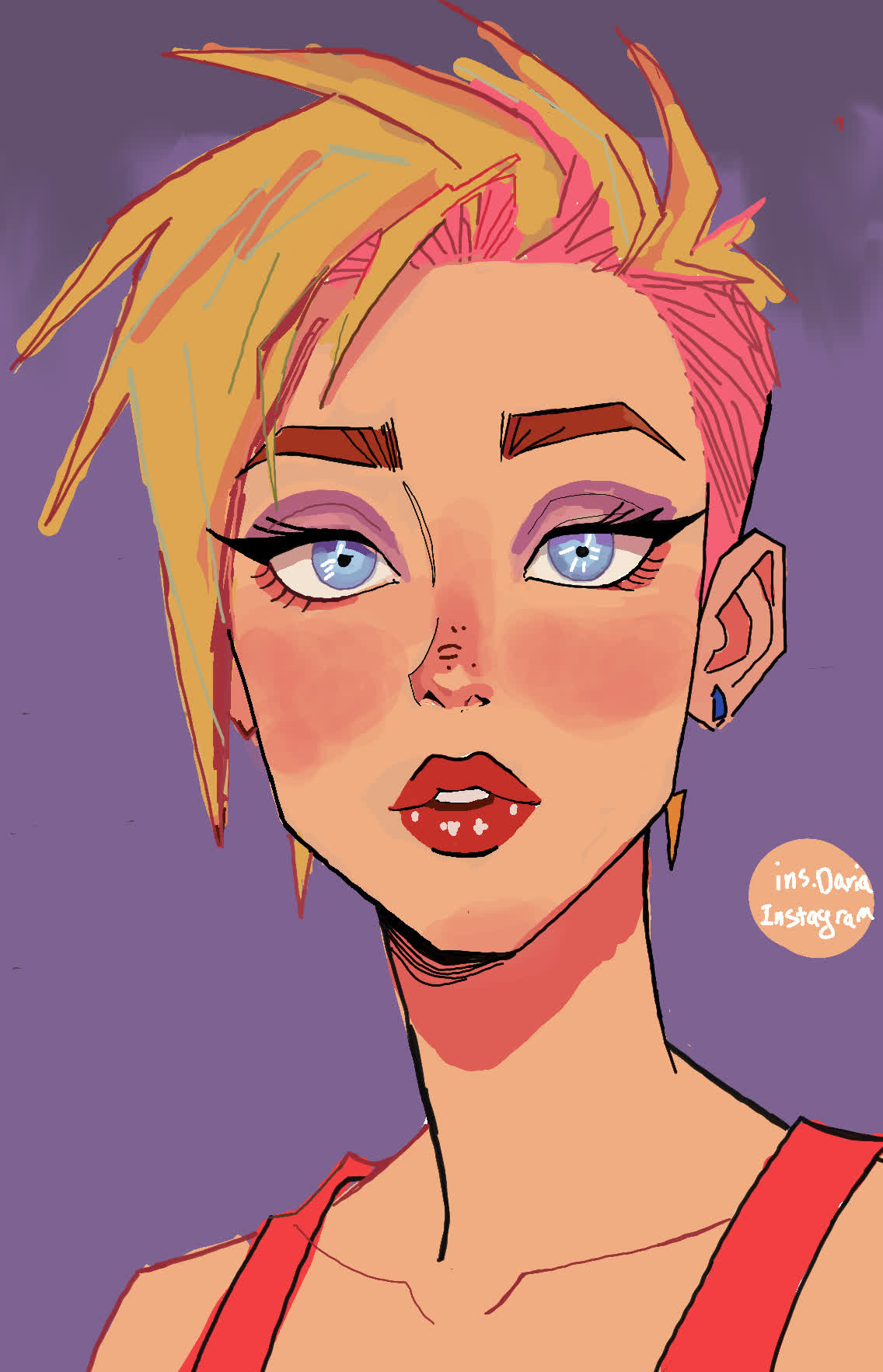 Woman with spiky blonde hair, pink shaved sides, red lips and blue eyes, against a purple background.