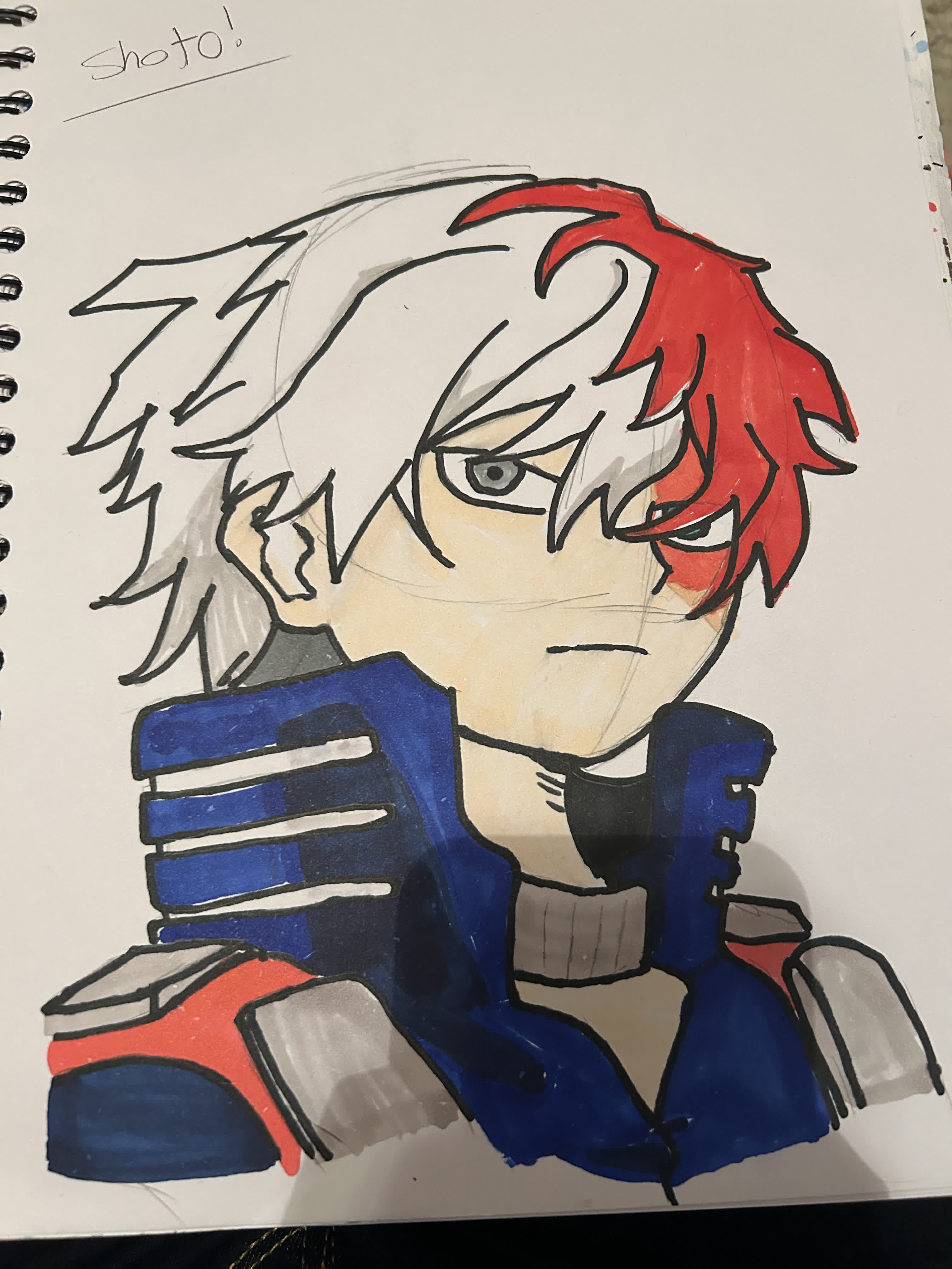 Shoto Todoroki with white and red hair and a blue high-collared costume, drawn in marker.