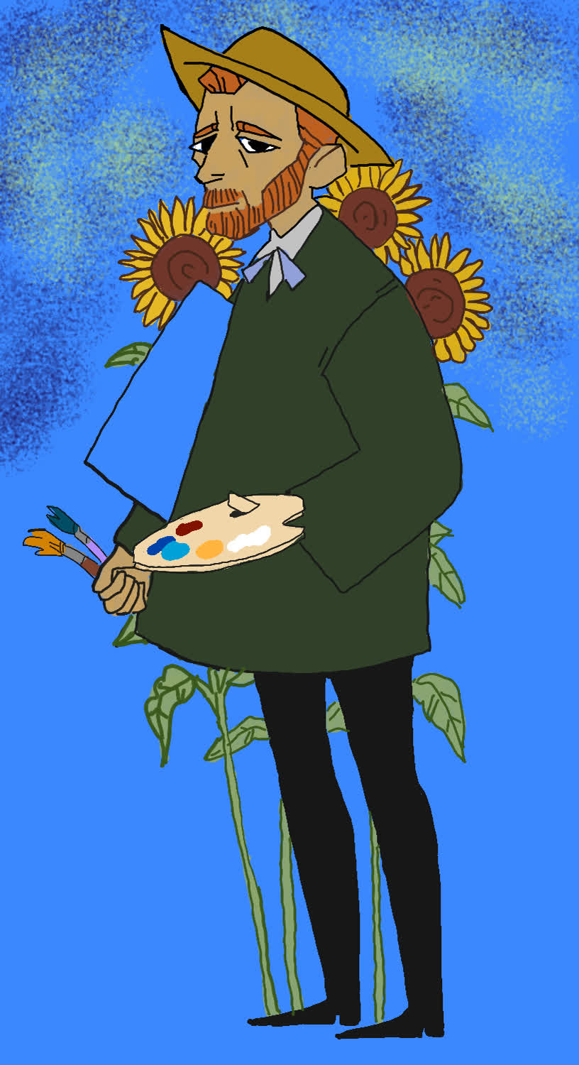 Man with orange beard and straw hat holding a paint palette and brushes, sunflowers behind him on blue background.