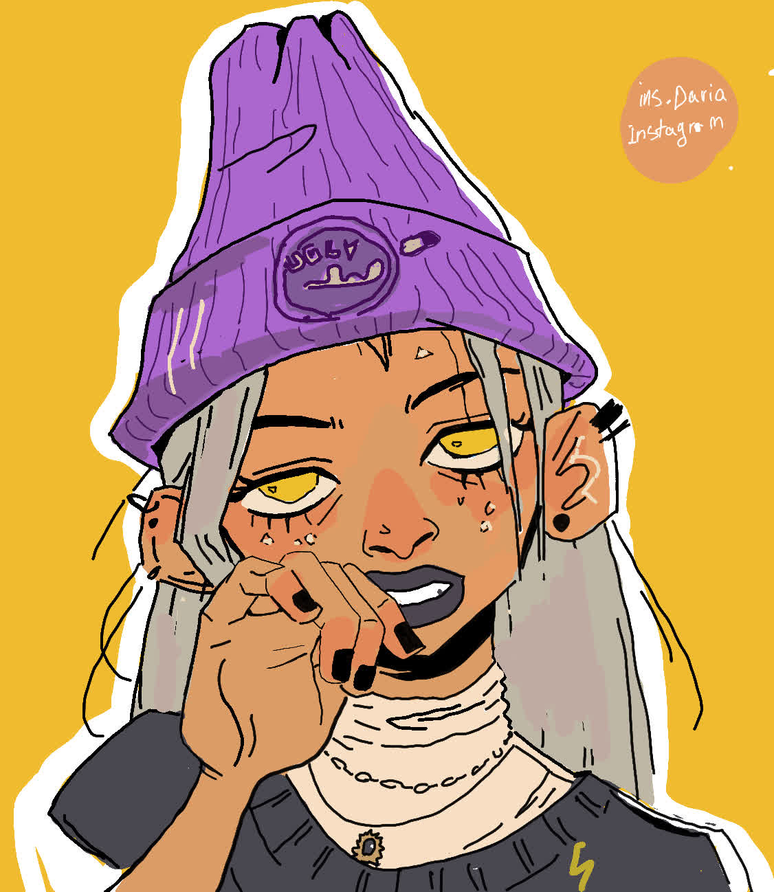 Girl with grey hair and yellow eyes wearing a purple beanie, touching her face with a hand, tears on her cheeks.