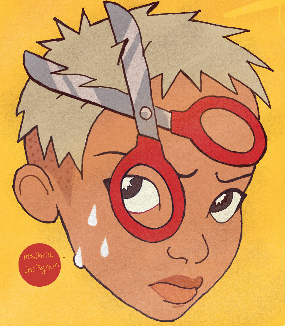 A boy with spiky blond hair, red scissors worn like goggles over one eye, and sweat drops on his cheek.