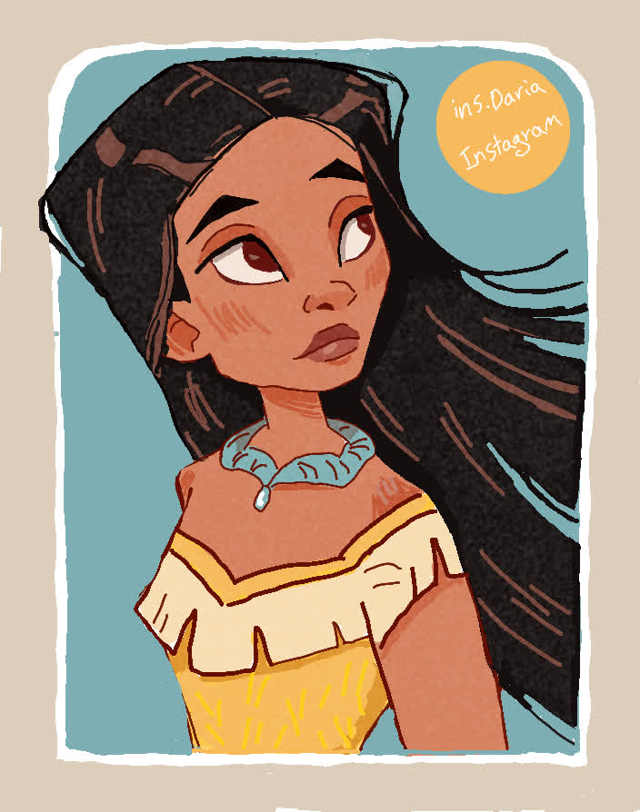 Pocahontas looks to the side with long black hair blowing behind her, wearing a yellow off-shoulder top and a teal necklace.
