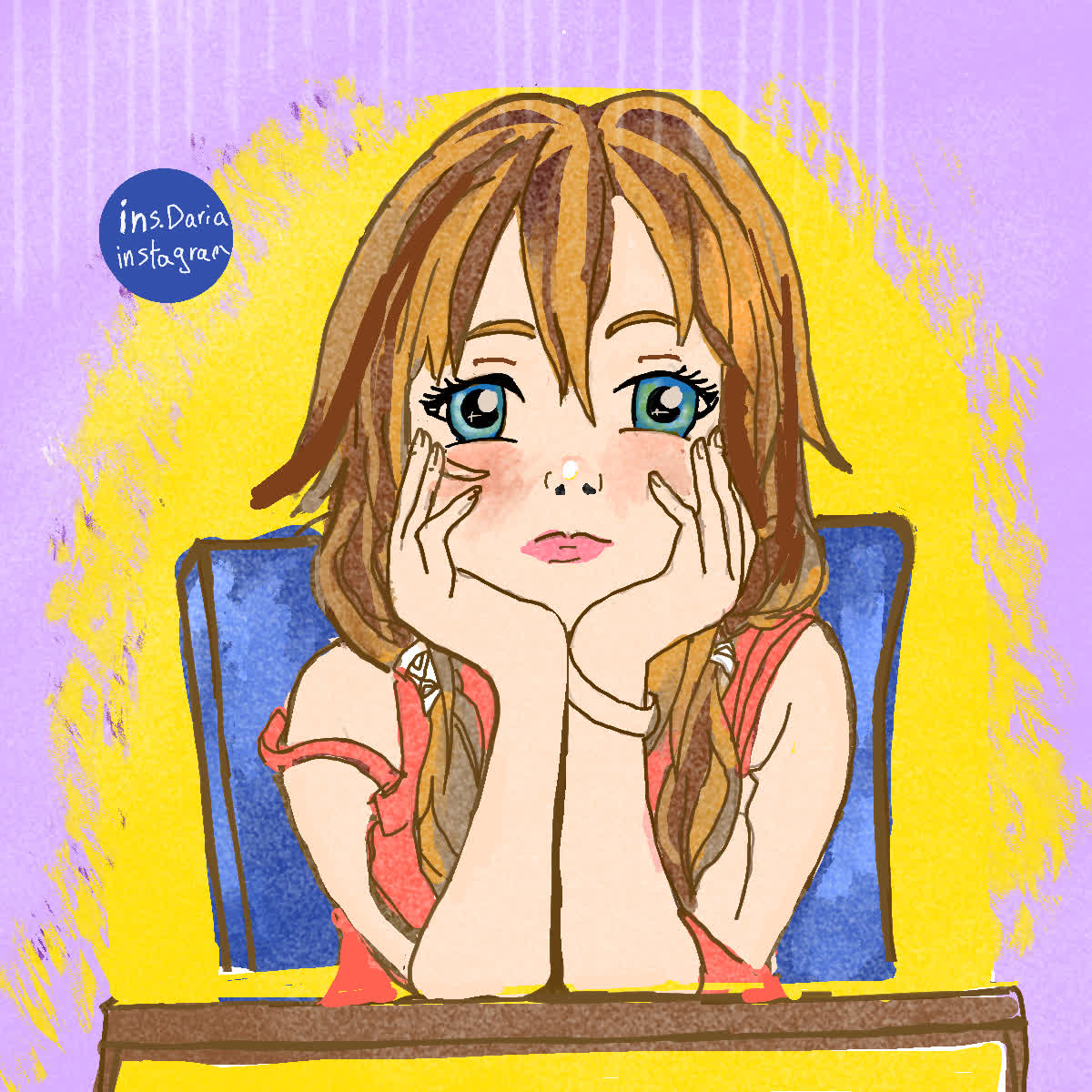 A girl with brown hair and blue eyes rests her chin on her hands in front of a yellow glow.