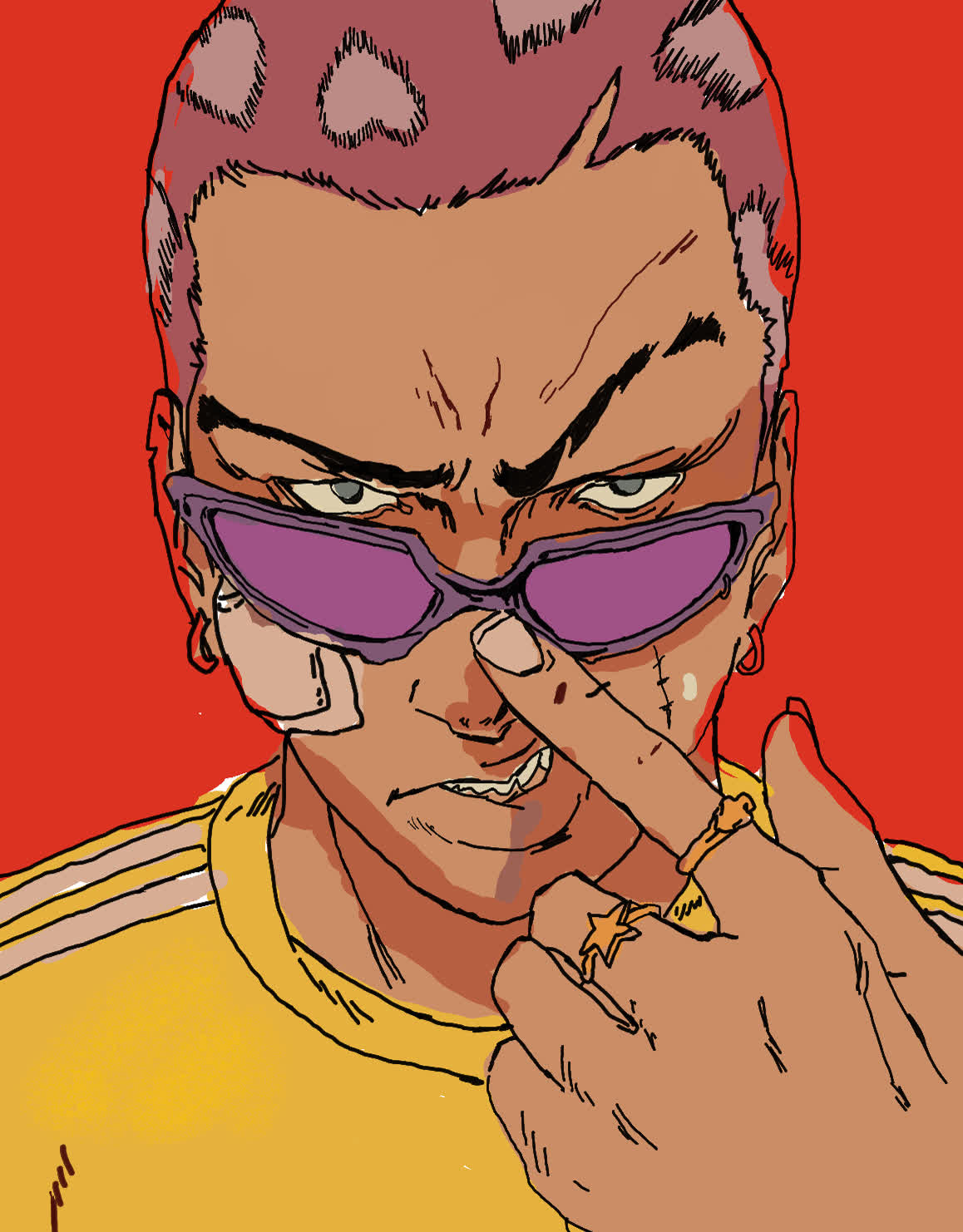 Scowling man in purple sunglasses pressing a finger to his nose against a red background.