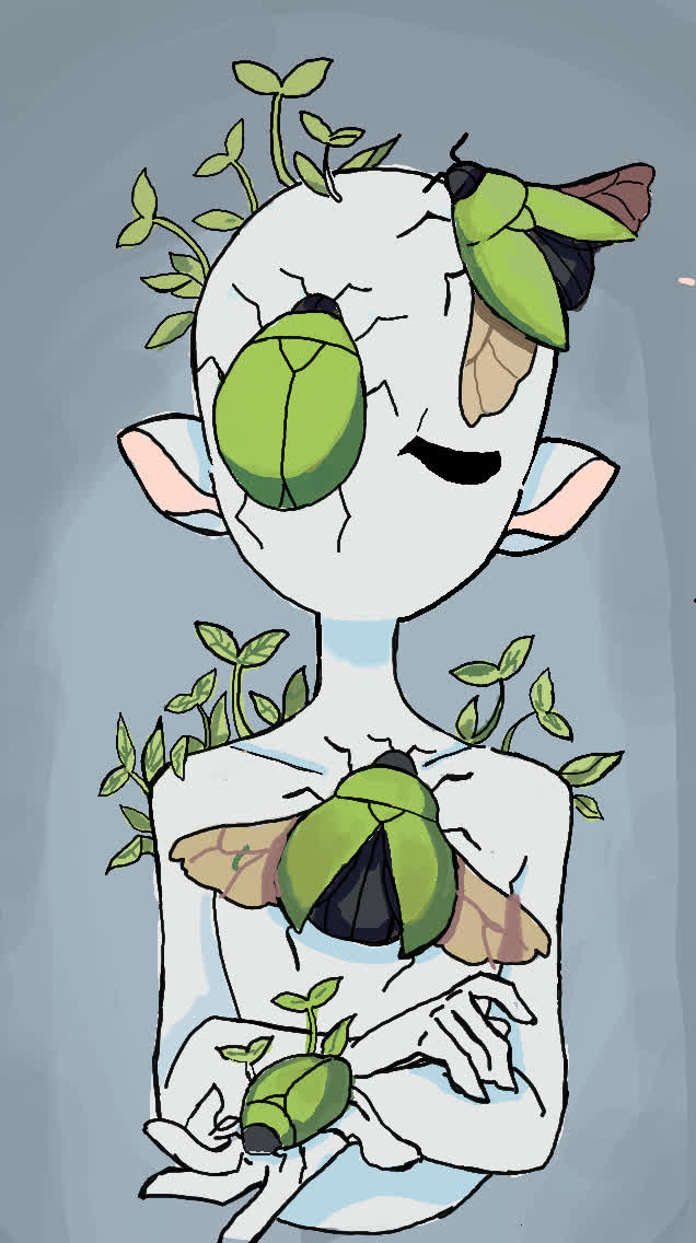 Pale cracked humanoid figure with closed eyes, green beetles and sprouting leaves on head, shoulders and arms.