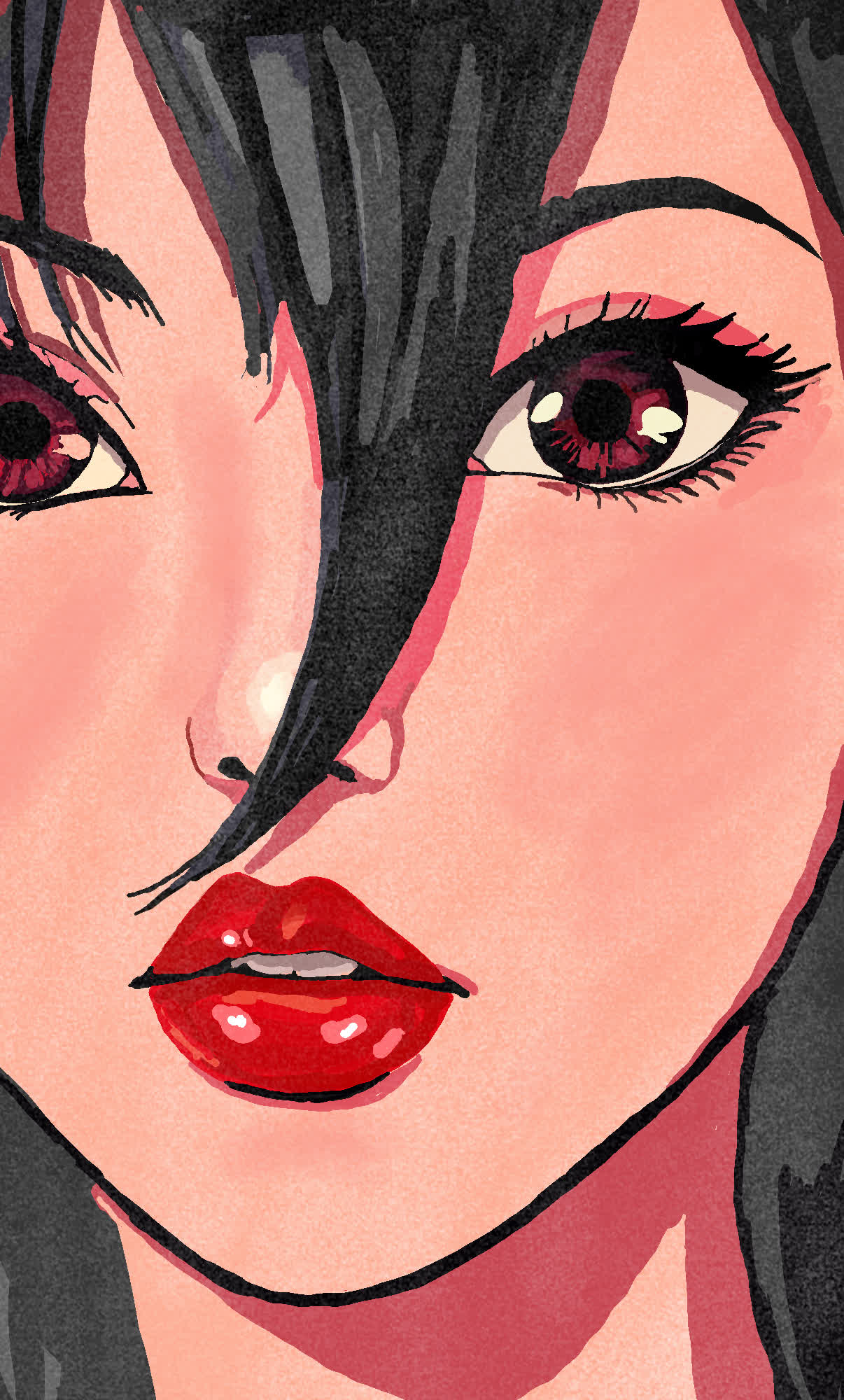 Close-up of a woman with heavy black bangs, half-closed dark red eyes and glossy red lips.