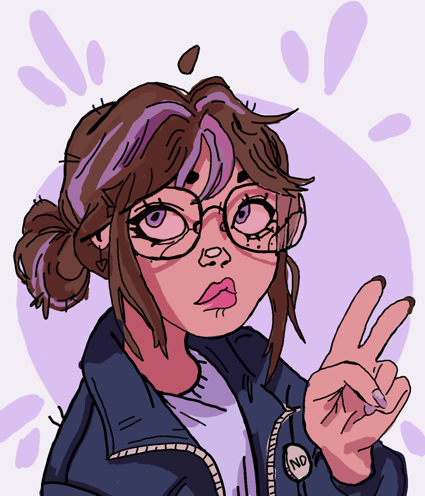 Girl with round glasses and a purple-streaked bun making a peace sign.