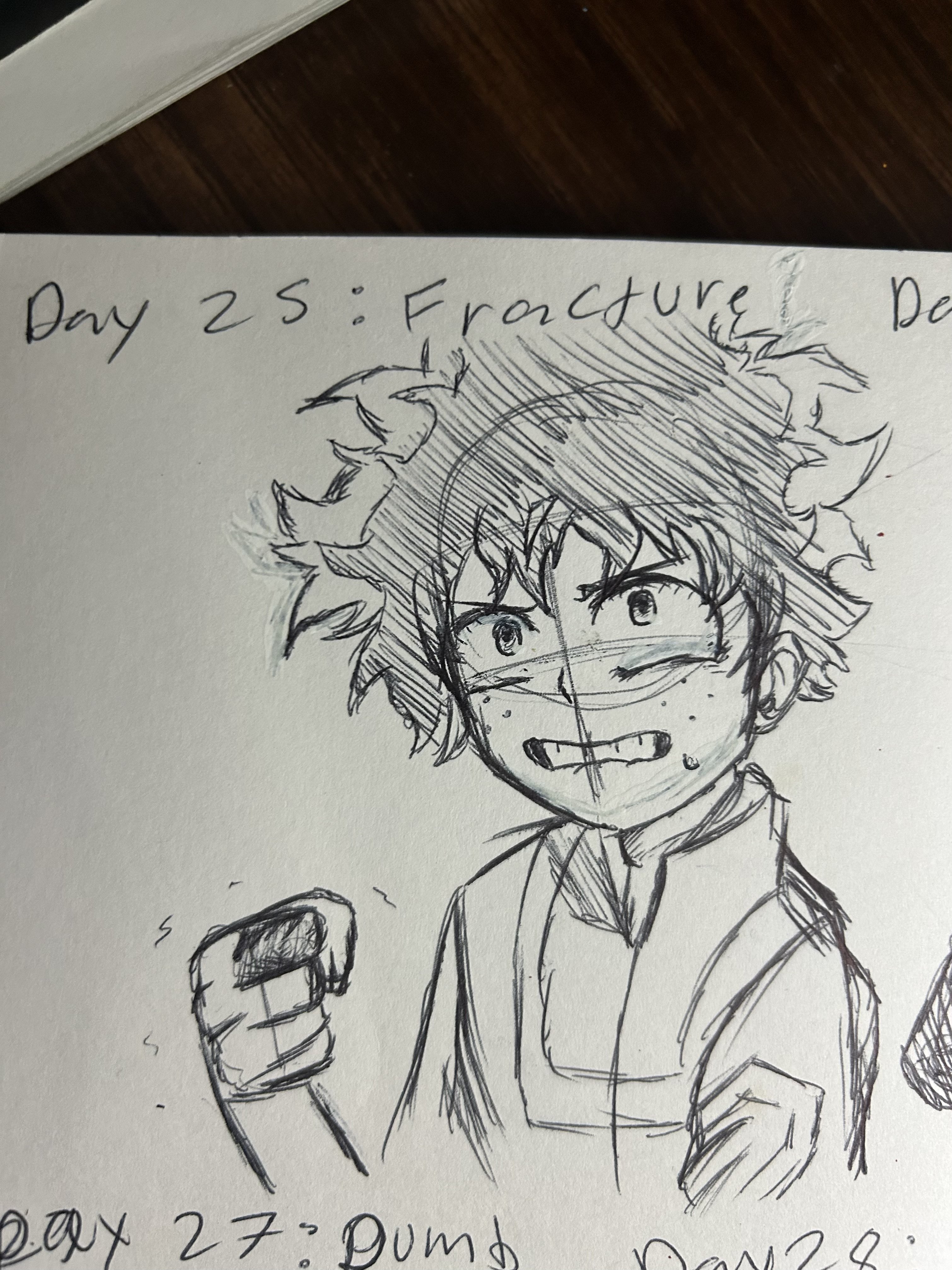 Izuku Midoriya with clenched teeth and tearful eyes, one fist raised beside his face, in pen on notebook paper.