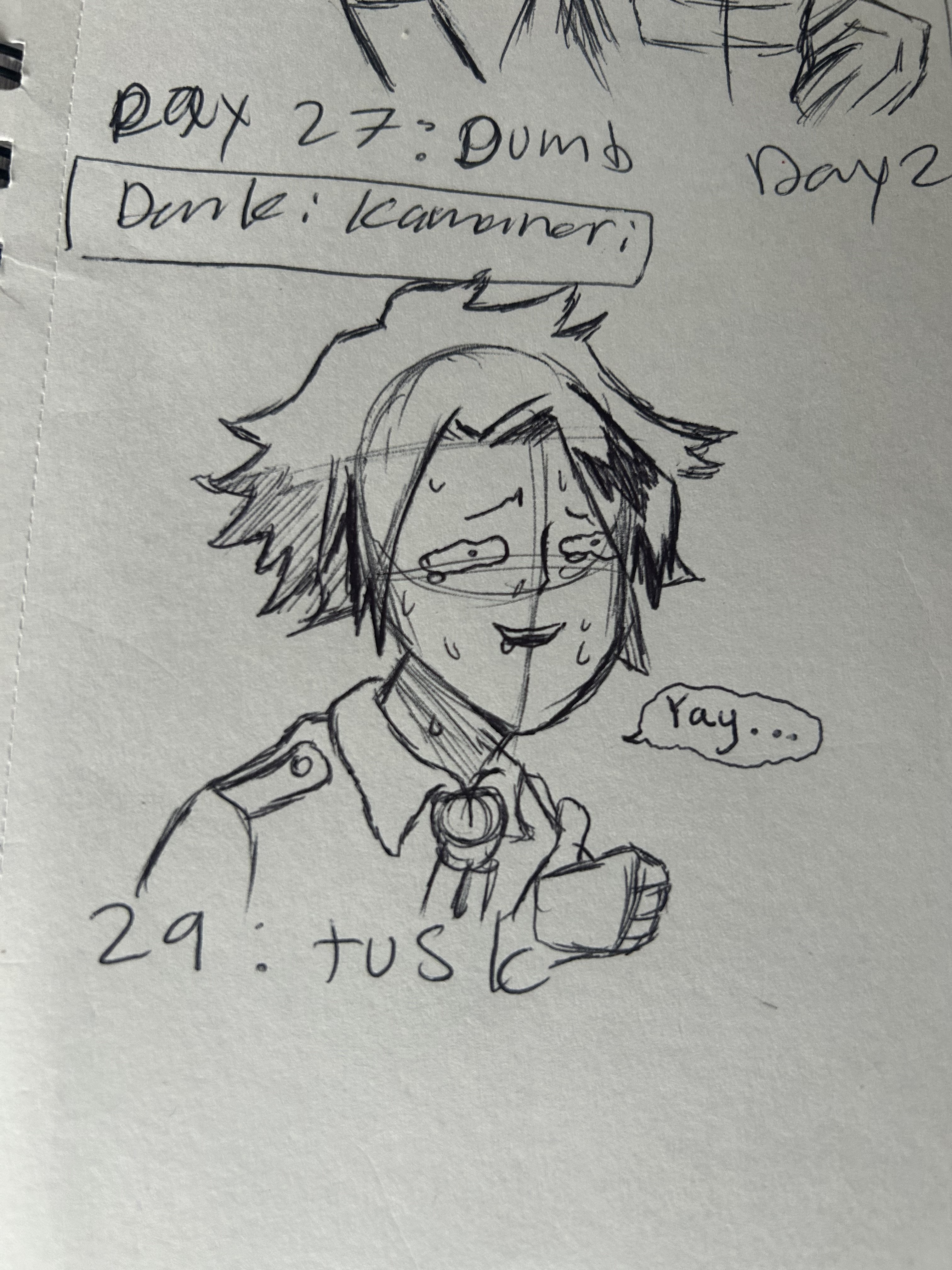 Pen sketch of a spiky-haired character in a uniform, sweating and giving a thumbs-up beside a bubble reading Yay.