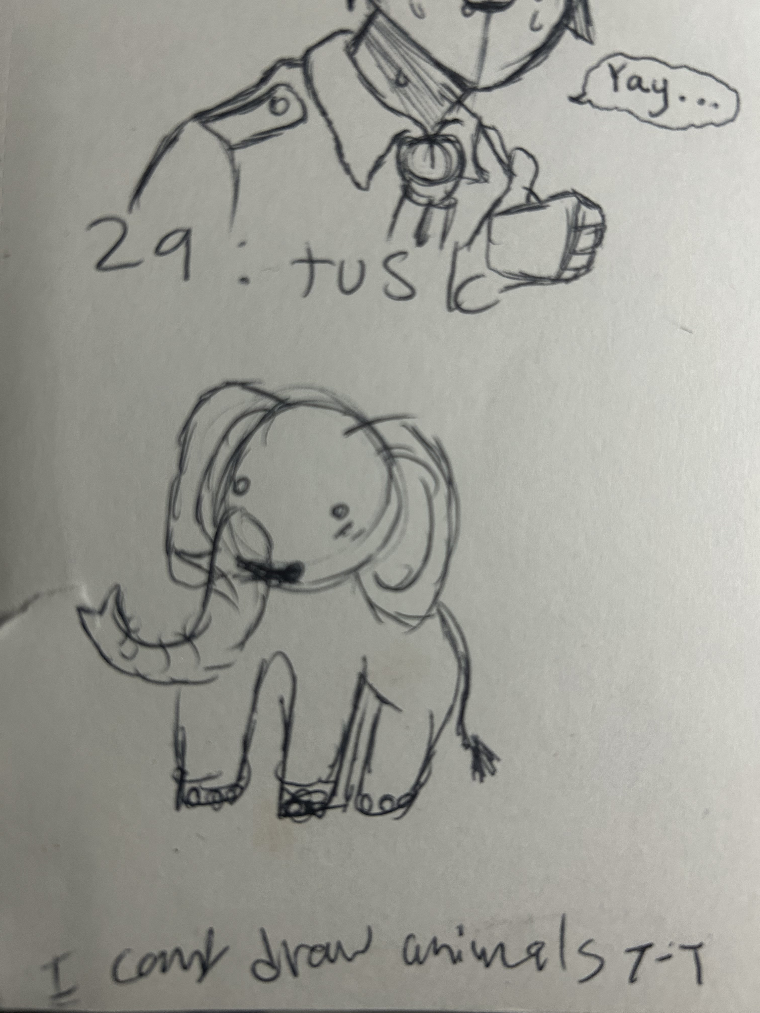 Pencil sketch of a small elephant with big ears and curled trunk, a uniformed figure above.