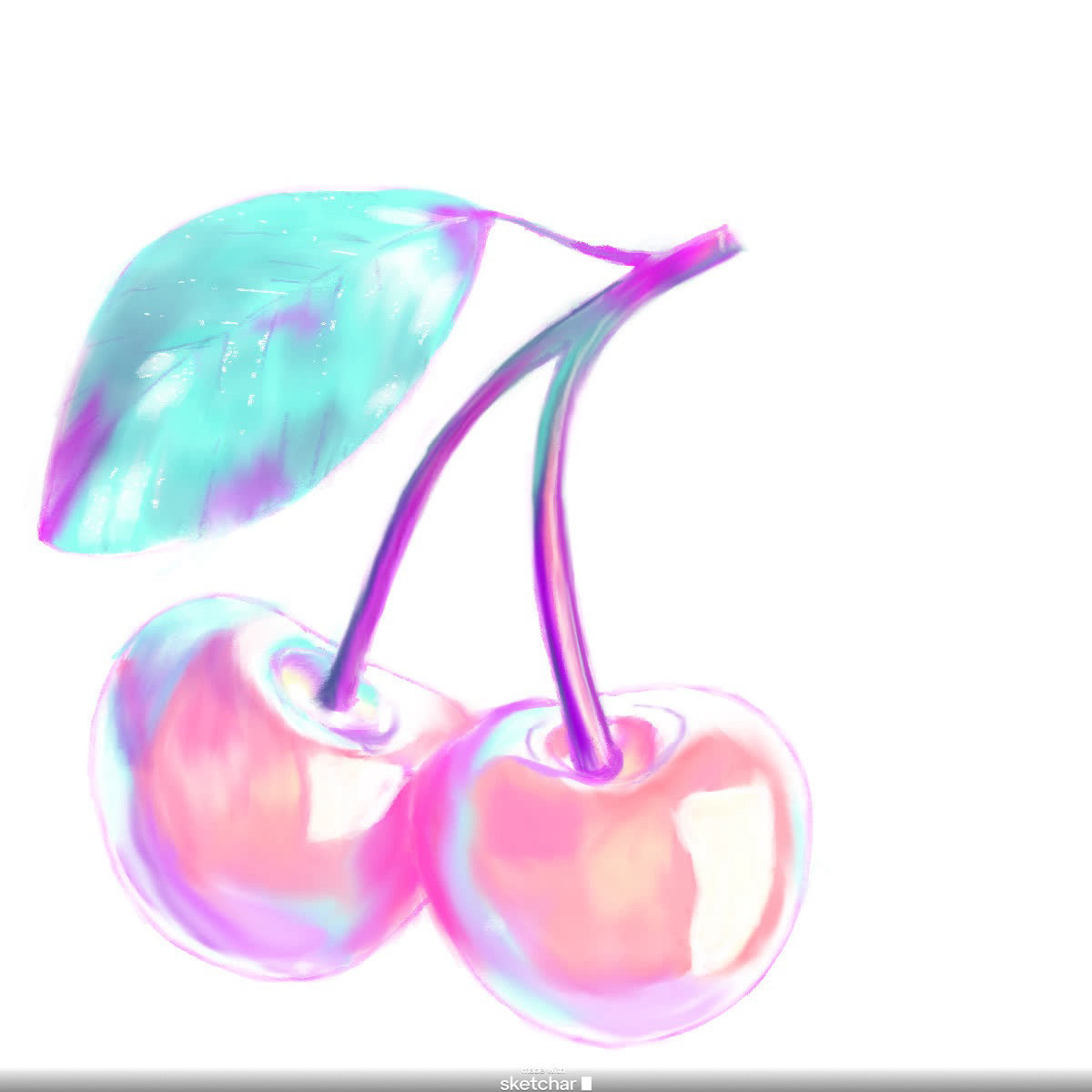 Two pink cherries hang from a bent stem beside a teal leaf with purple streaks.