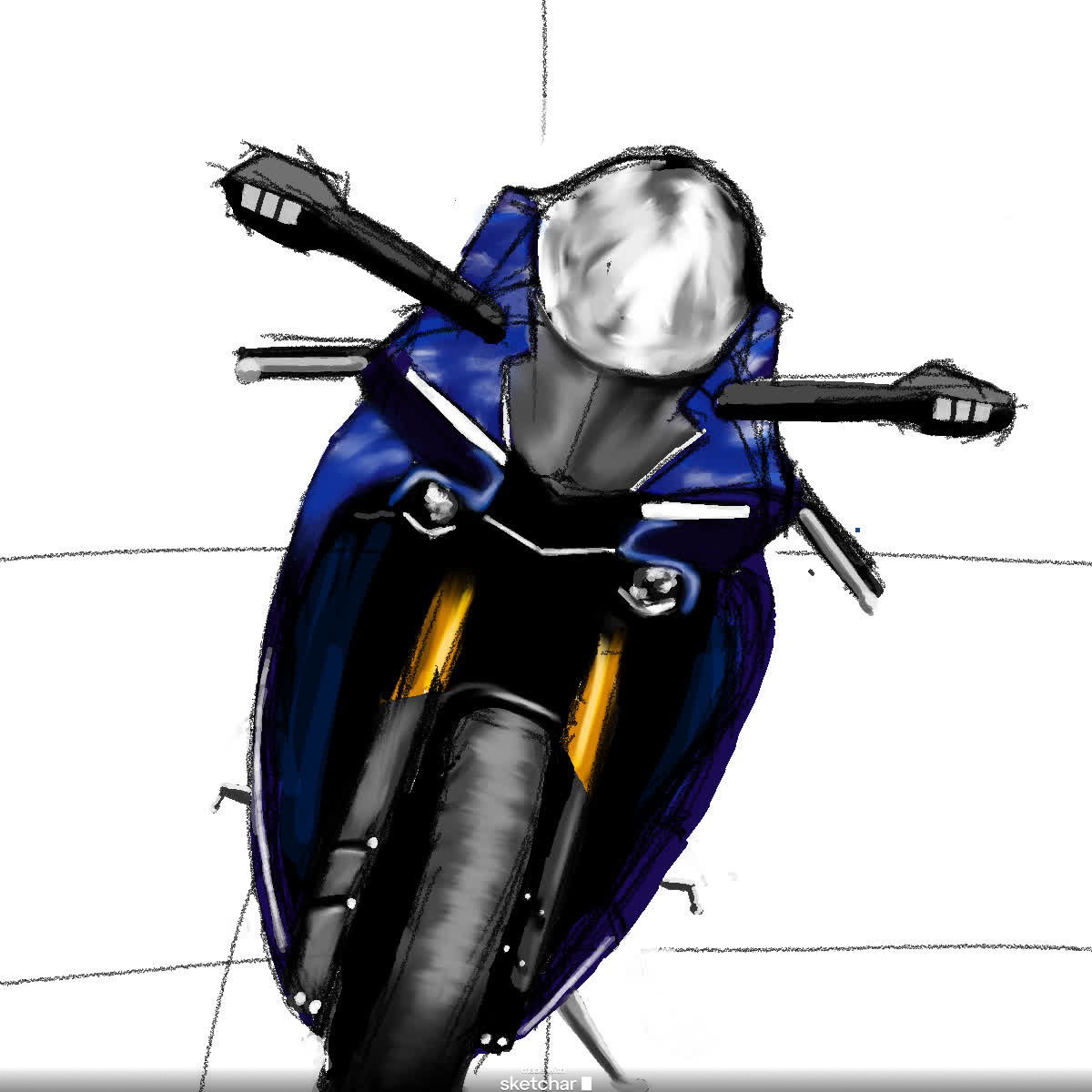 Blue sport motorcycle seen from the front, with a white headlight and orange fork tubes.