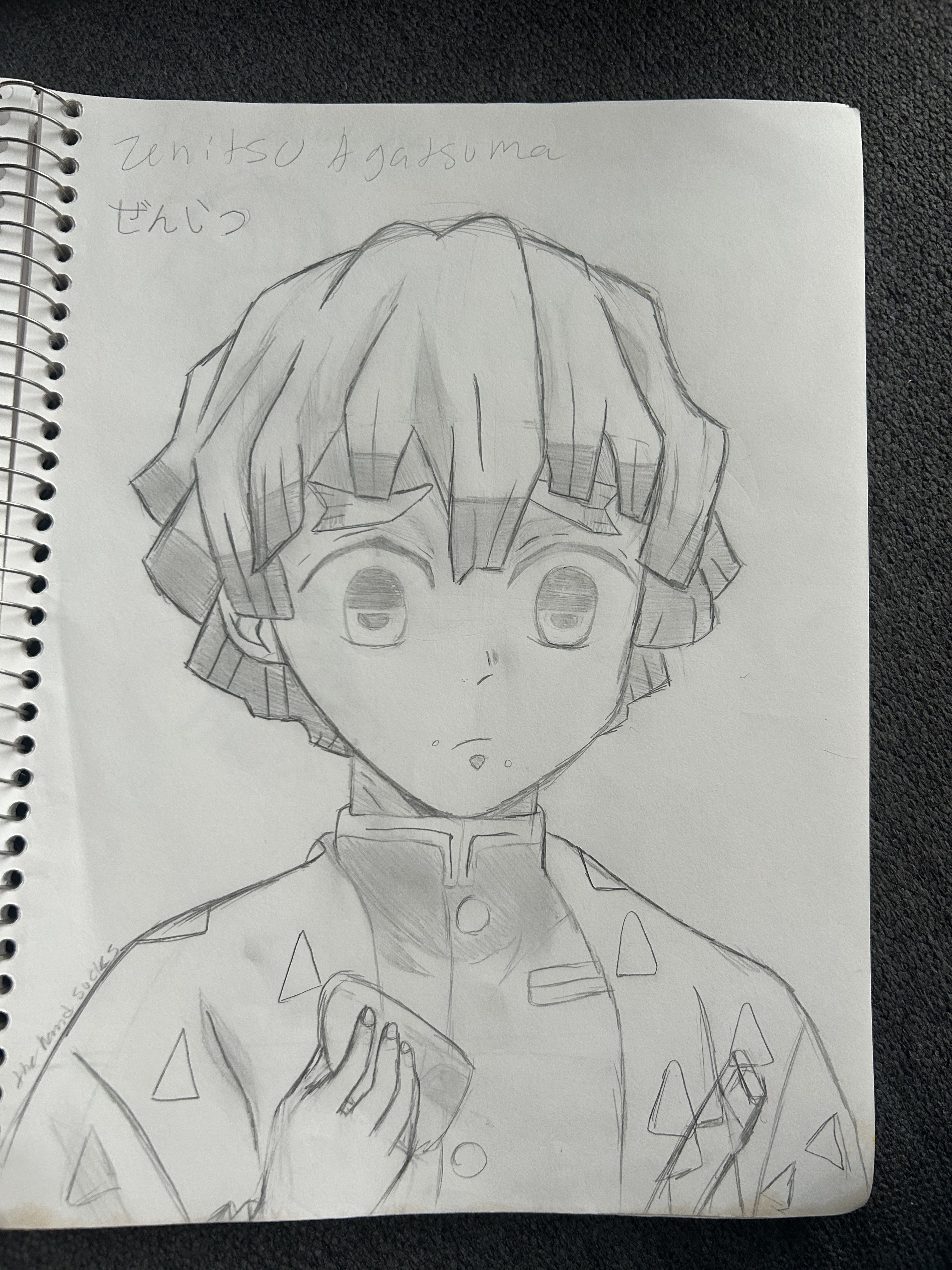 Pencil sketch of Zenitsu Agatsuma with wide eyes and blond hair, wearing a triangle-patterned haori, hand raised to chest.