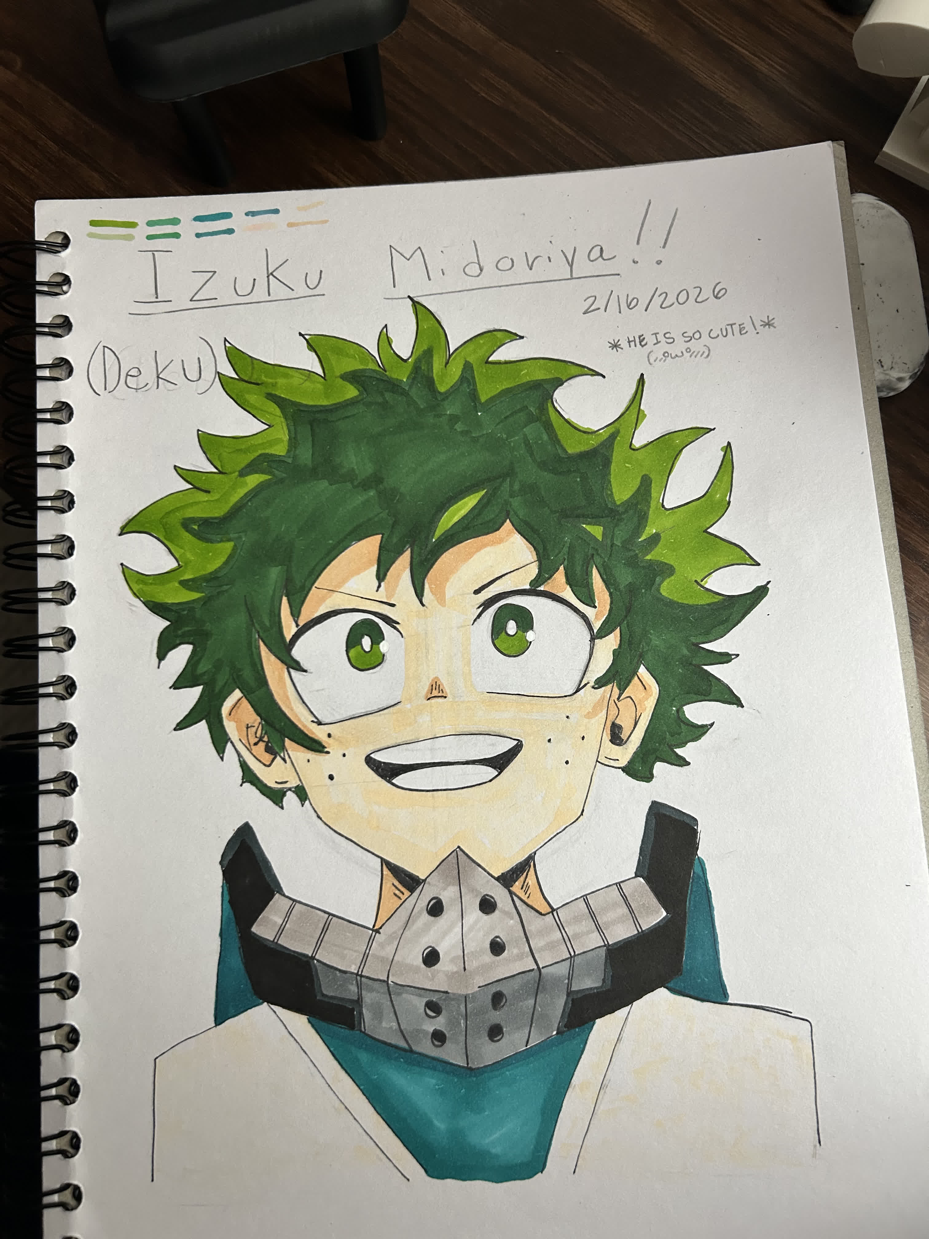Izuku Midoriya aus My Hero Academia lächelt breit mit großen grünen Augen und zackigem grünen Haar.