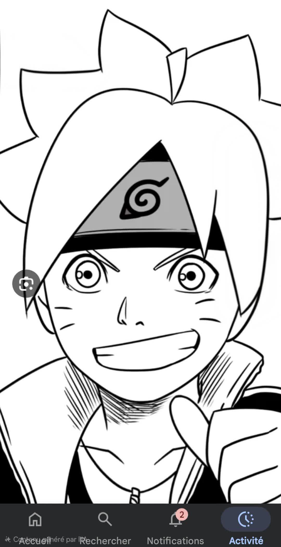 Boruto Uzumaki grinning and pointing forward, wearing a Konoha headband, drawn in black ink lines.