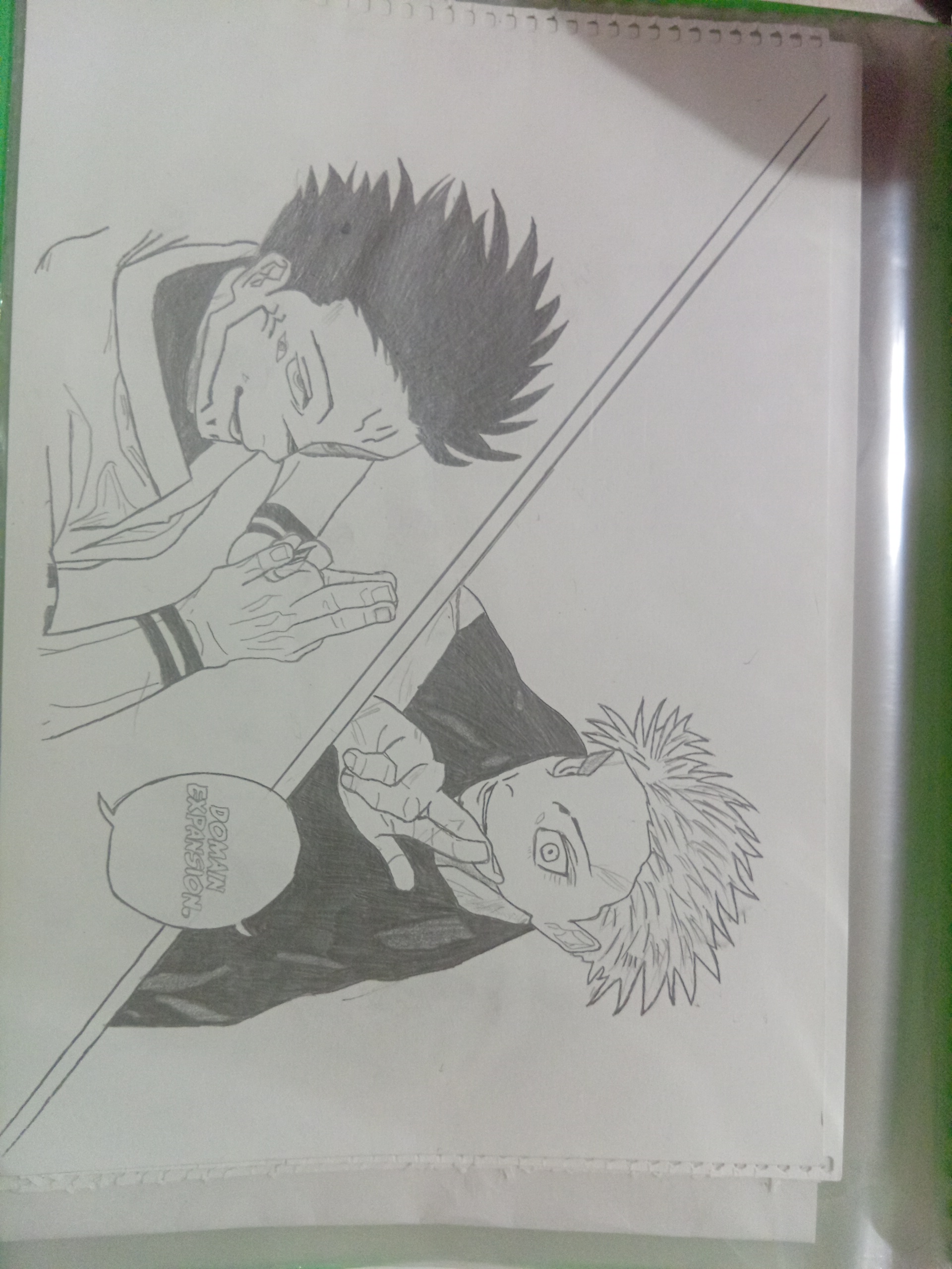 Dos personajes de anime de pelo puntiagudo a lápiz, uno con las manos entrelazadas y otro junto a un globo de Domain Expansion.