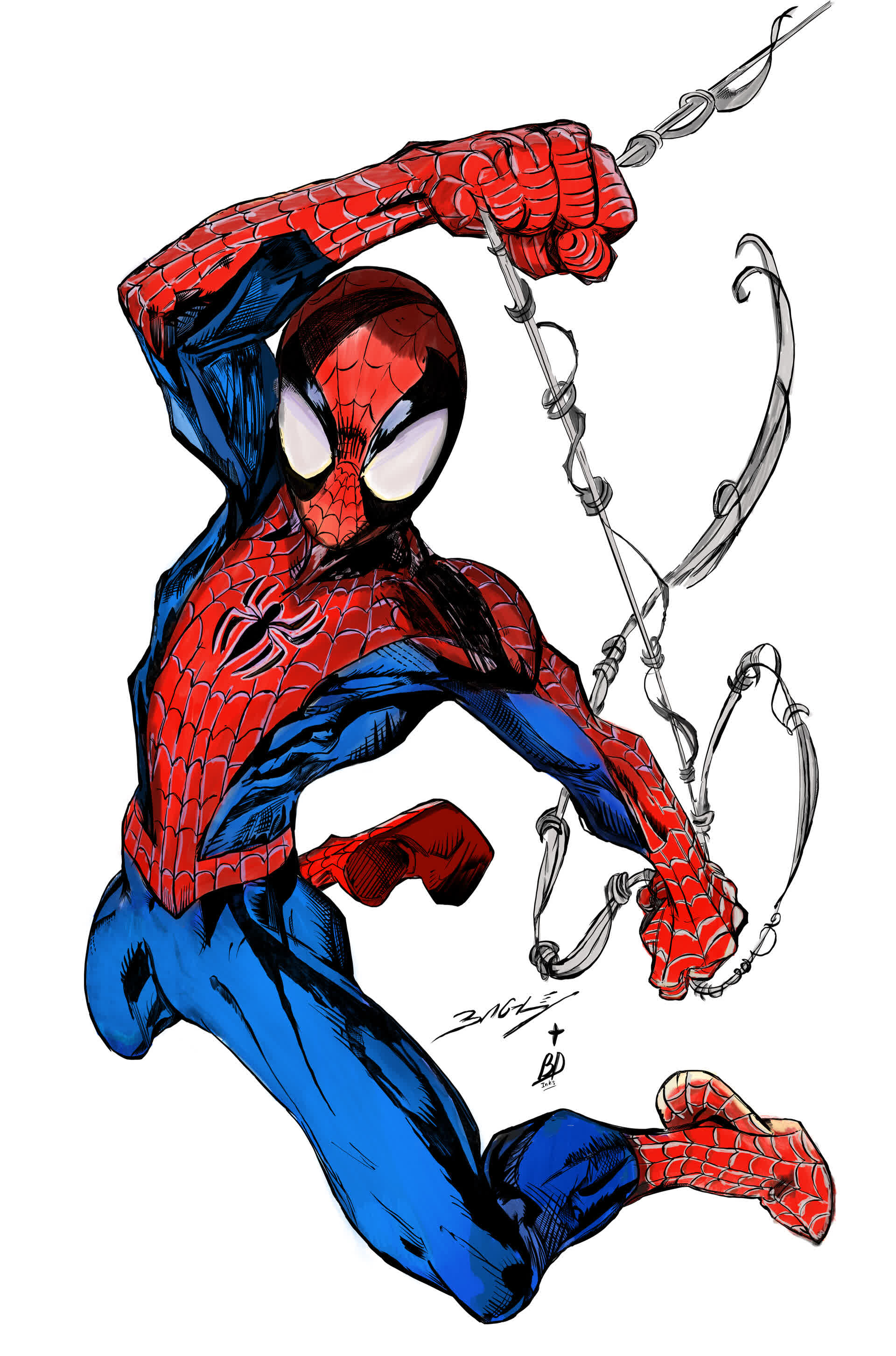 Spider-Man leaps in mid-air, one arm raised, webs trailing from his hands against a white background.