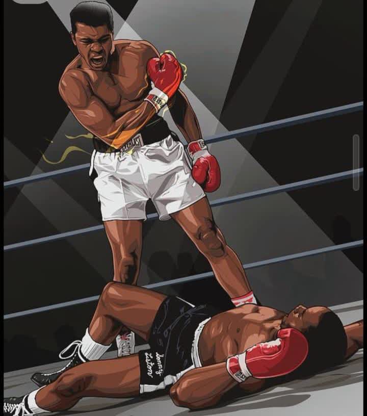 Two boxers in a ring: a shouting man in white trunks stands over an opponent lying on the canvas.