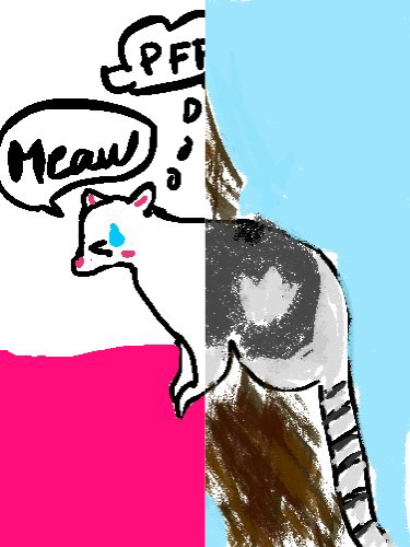 Gato blanco de dibujos animados con mejillas rosas y lágrima azul, globos con Meow y PFF, gato gris rayado a la derecha.