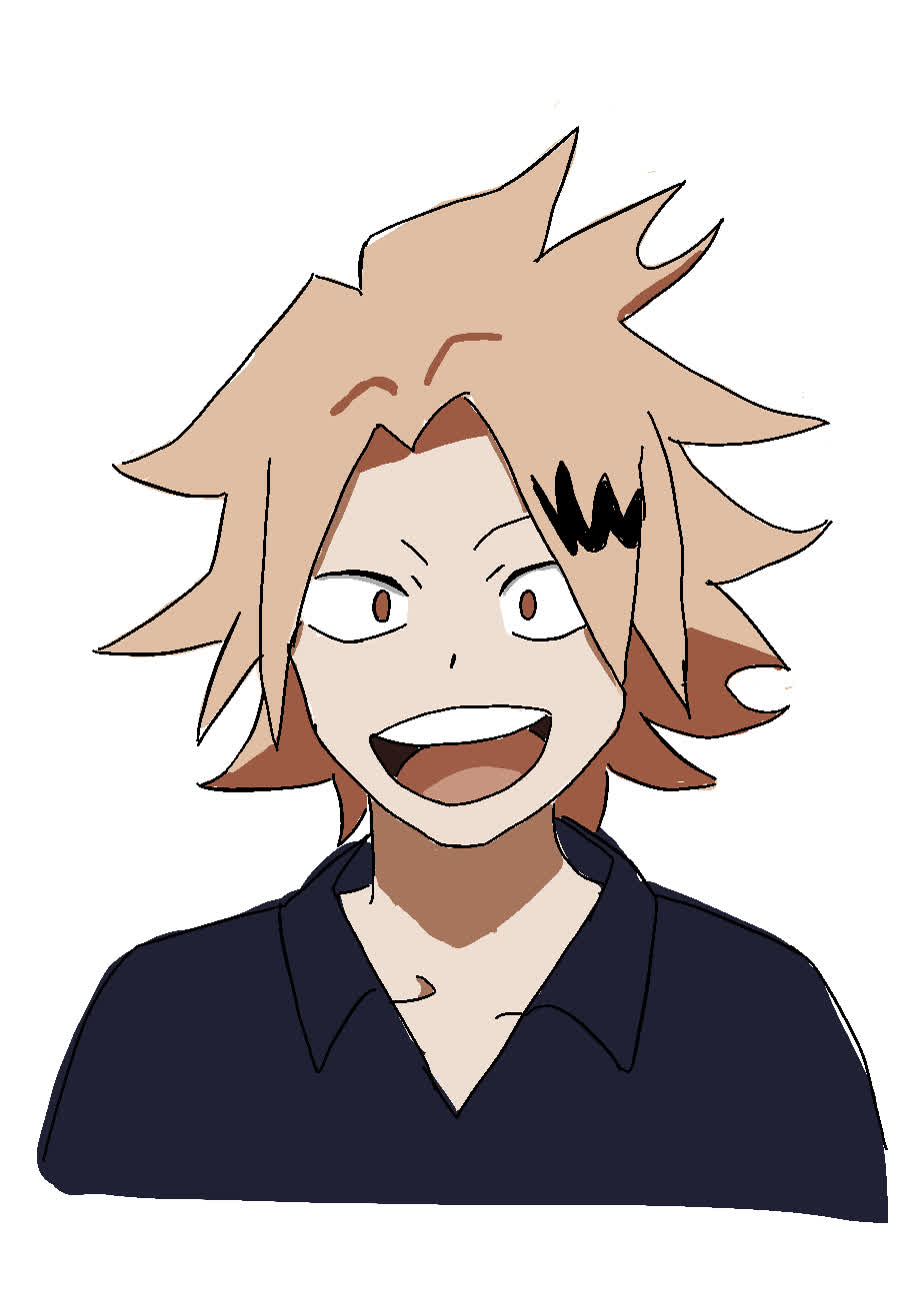 Spiky-haired blond boy grinning widely, wearing a navy collared shirt and a black zigzag hair clip.