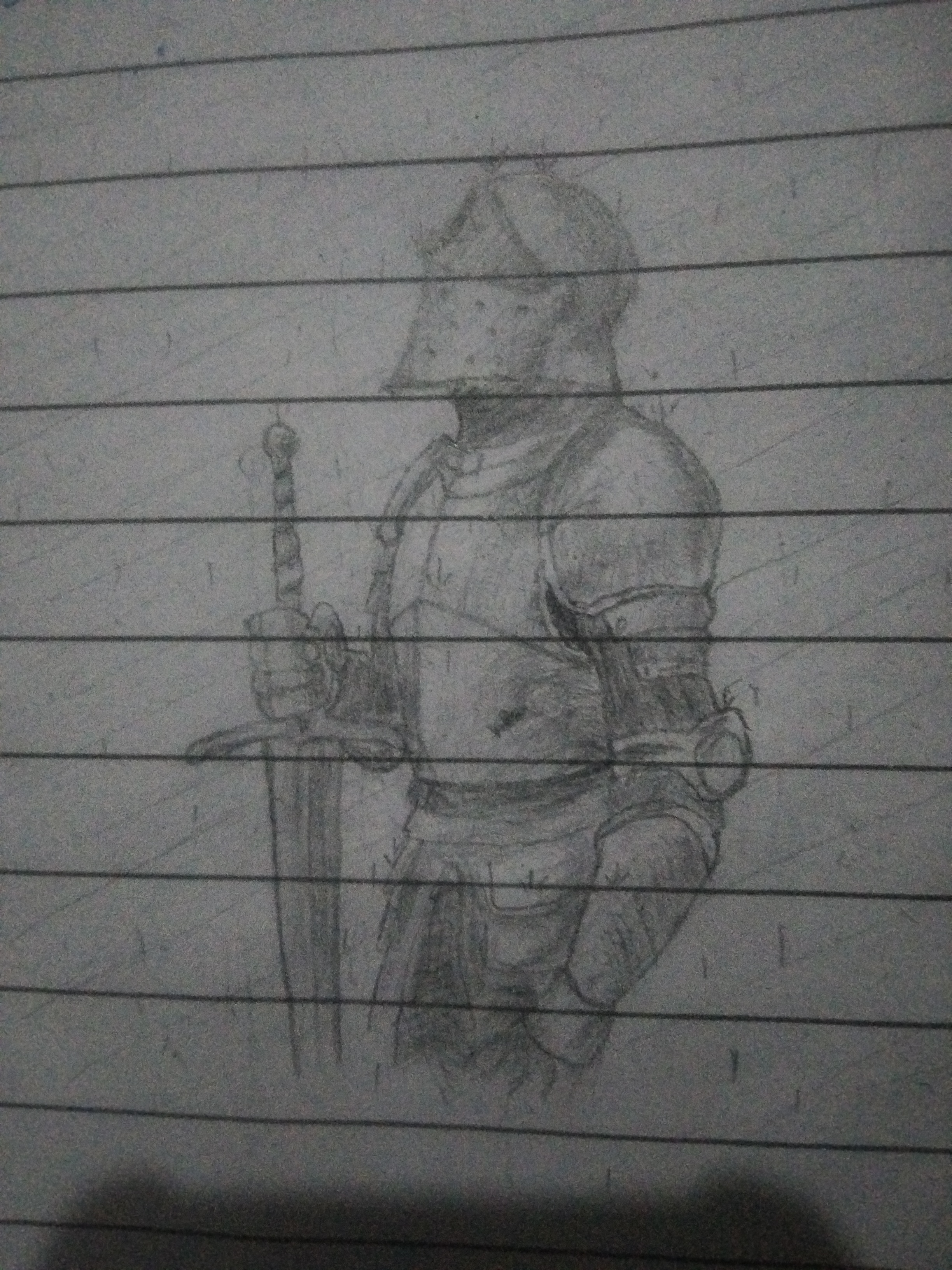 Pencil drawing of an armored knight in a pot helm holding a long sword upright beside the body.