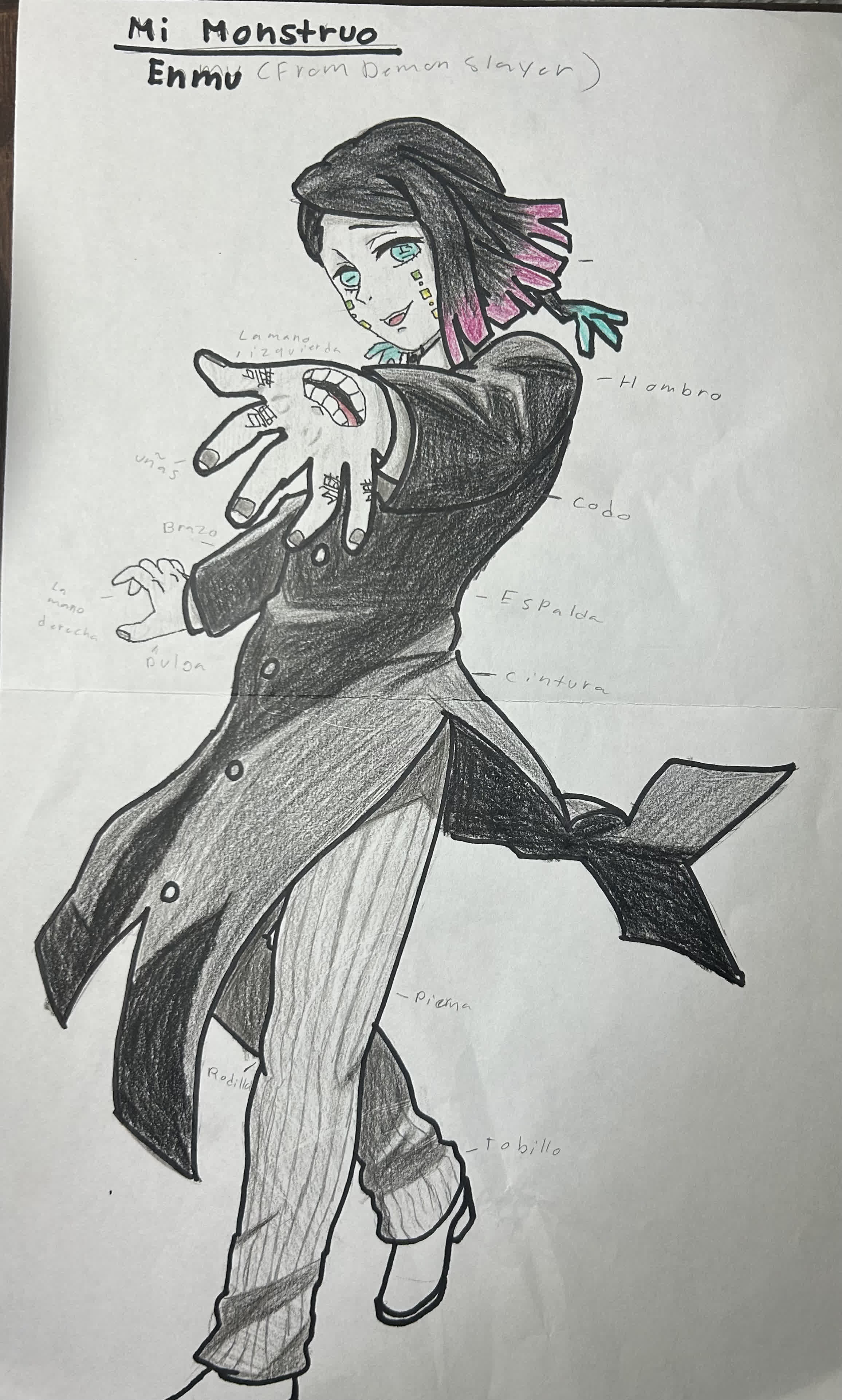Enmu from Demon Slayer in a long dark coat, reaching forward with a mouth on his open palm.