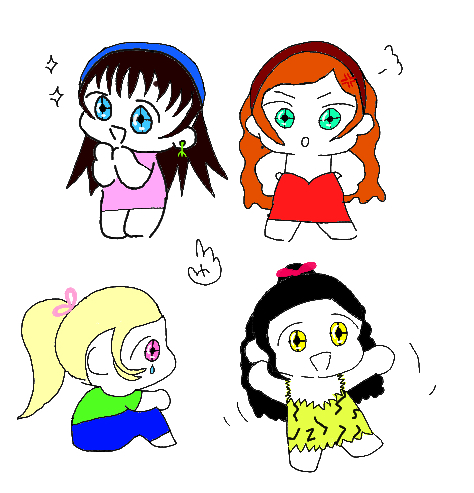 Cuatro chibis en cuadrícula: una morena con diadema azul, una pelirroja de vestido rojo, una rubia con coleta de verde y una morena de amarillo.