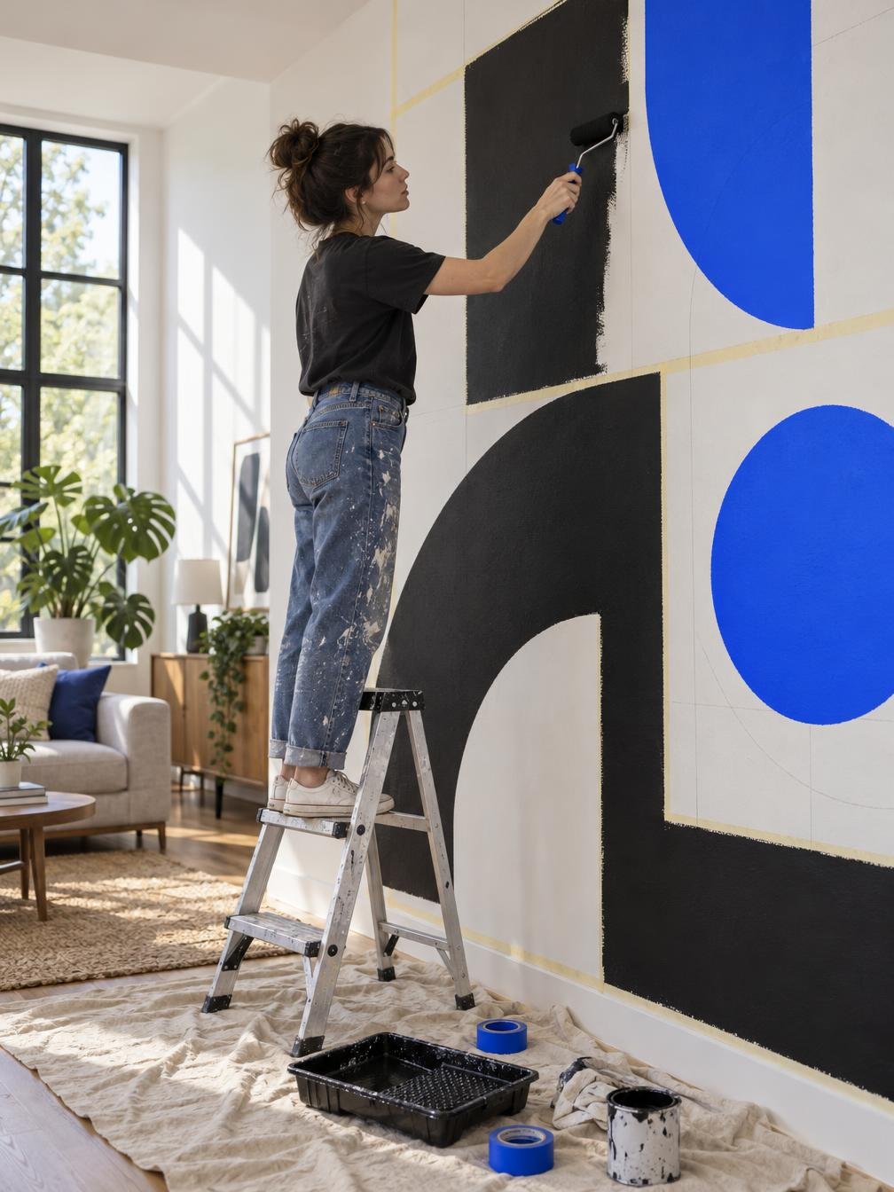 Photo of a young woman on a short stepladder painting a living-room wall, carefully filling huge bold black graphic blo…