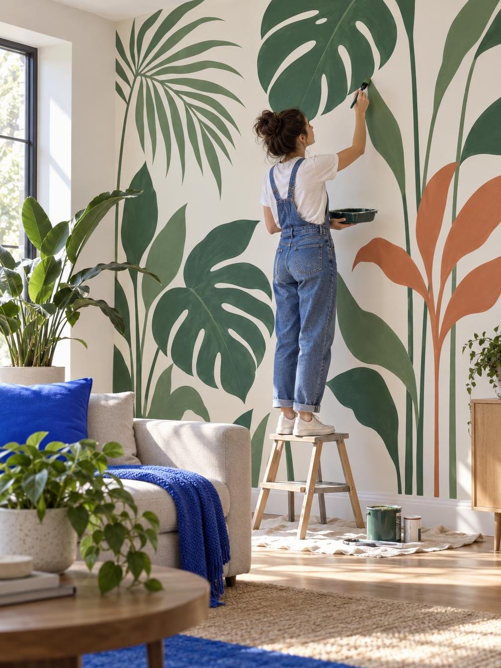Photo of a young woman on a low step stool painting a full-height botanical mural in a bright living room, big simple m…