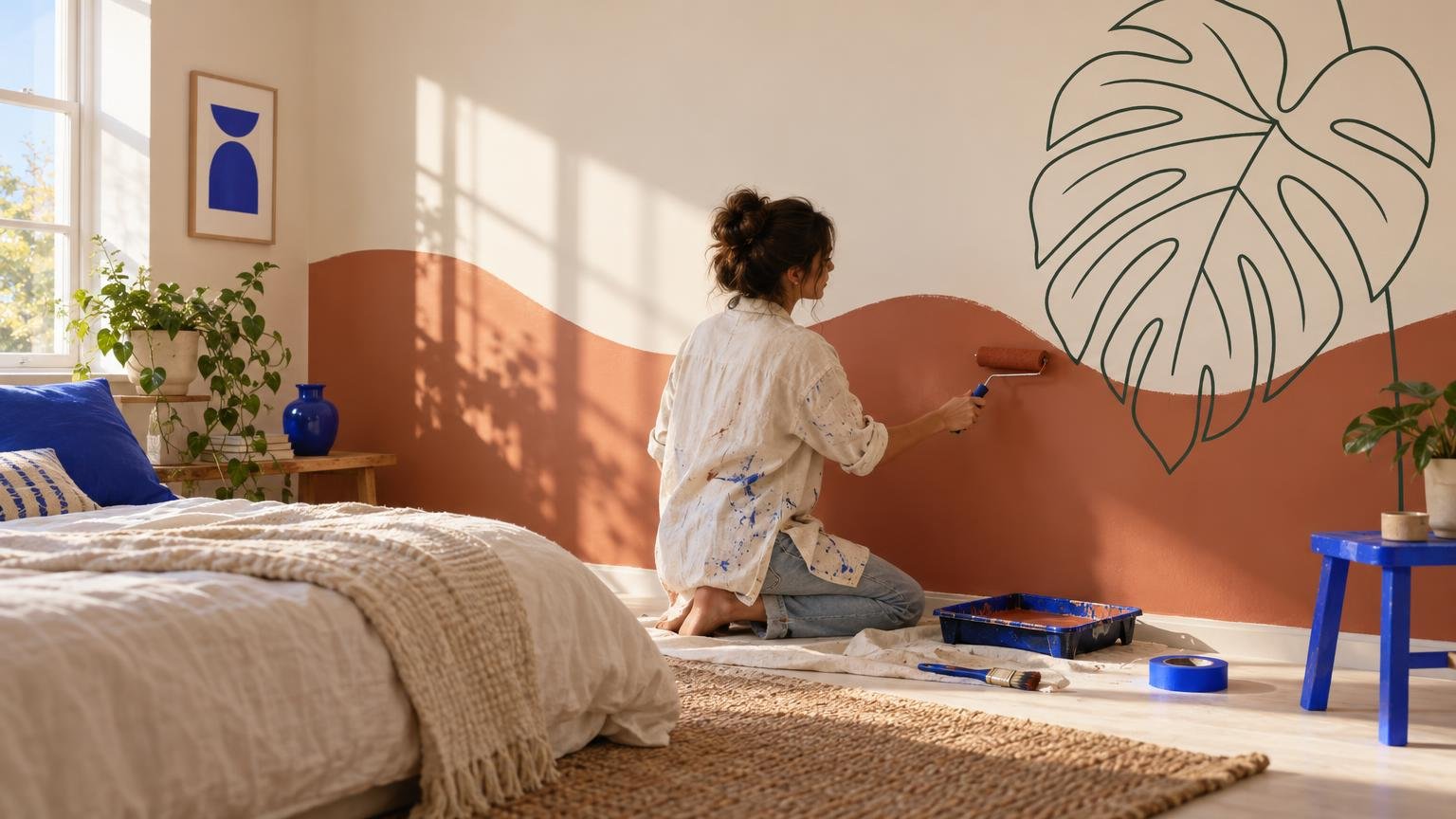 Photo-style illustration of a woman in a paint-splattered linen shirt painting a bedroom wall: the lower half a deep te…