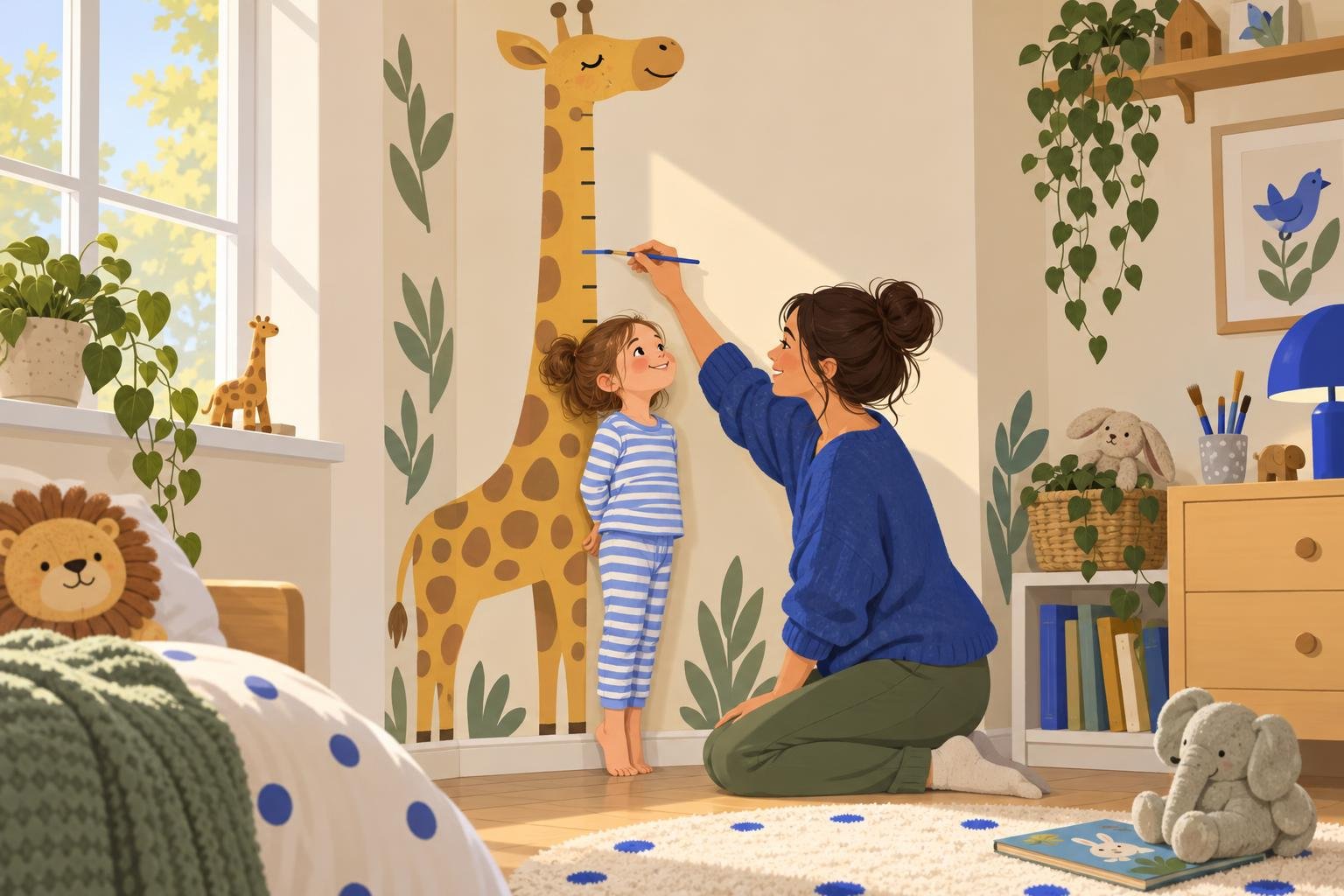 Flat-color illustration of a child's bedroom corner: a tall painted giraffe mural stretching from skirting board to cei…