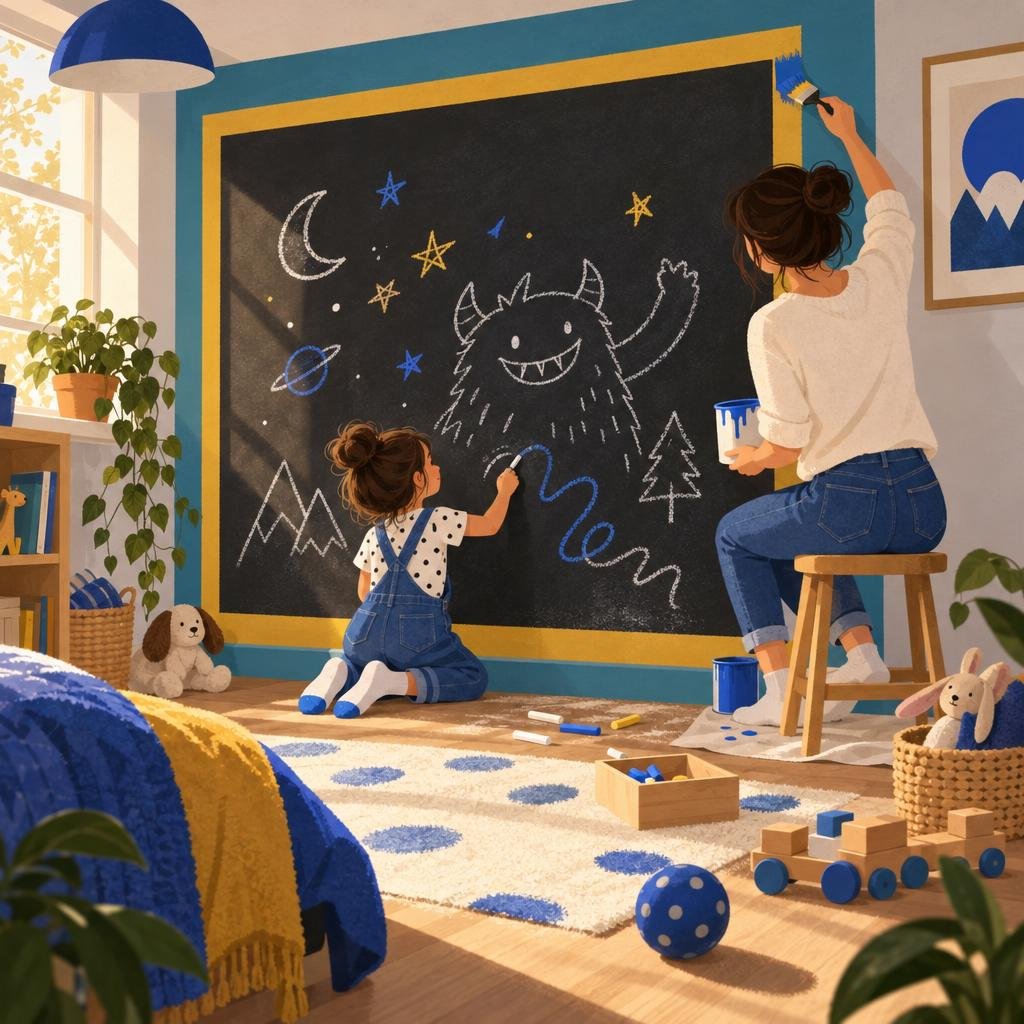 Illustration, flat vector style with soft paper texture: a child's bedroom wall painted as a large matte-black chalkboa…