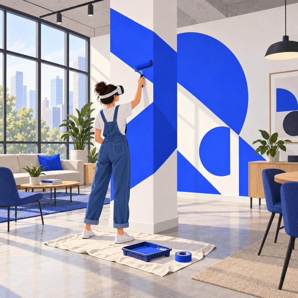 Illustration, flat vector style with subtle grain: a young woman in overalls wearing a VR headset paints bold geometric…