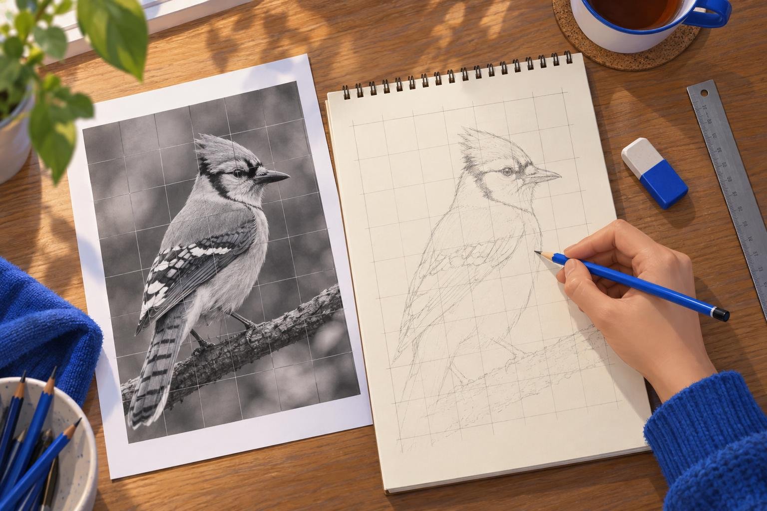 Warm editorial illustration, top-down view of a wooden desk: a printed black-and-white reference photo of a bird ruled…